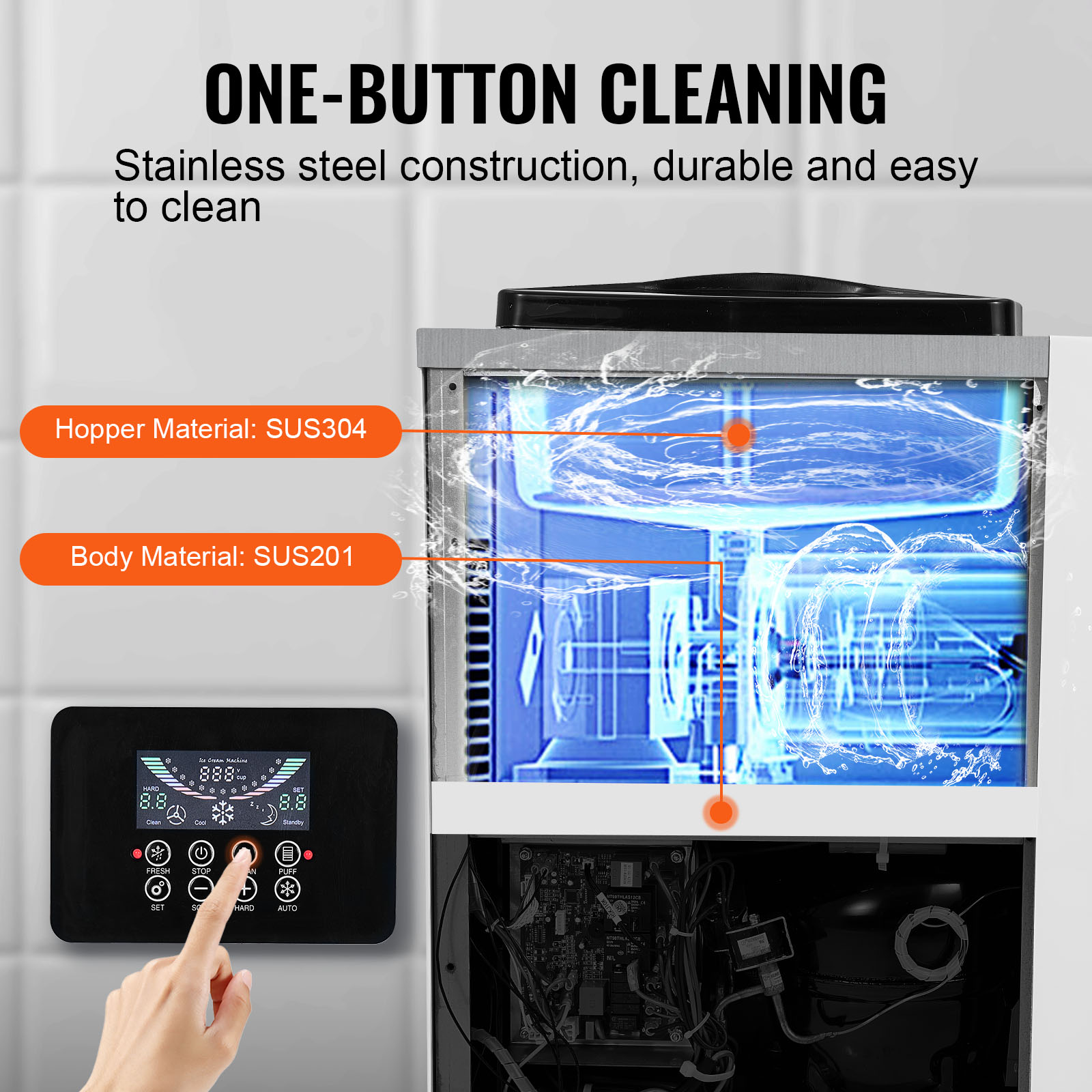 Diagrama de una heladera con piezas de acero inoxidable, funciones de limpieza y panel de control.