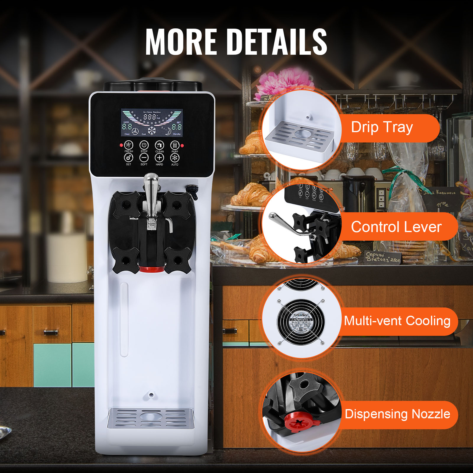 Máquina de helados comercial con bandeja, palanca, ventilación y boquilla destacadas.