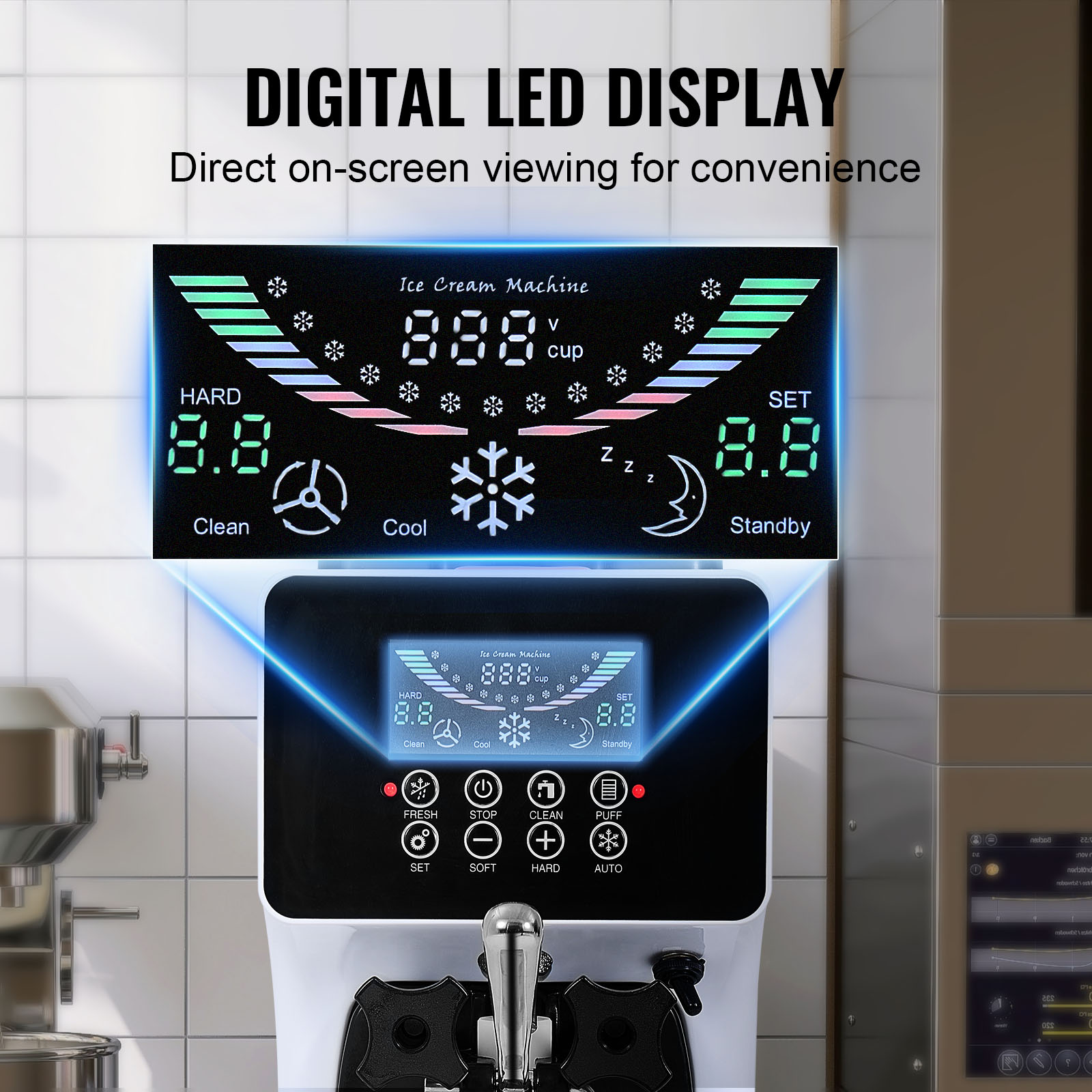 Pantalla LED digital de una máquina de helados con iconos azules y verdes.