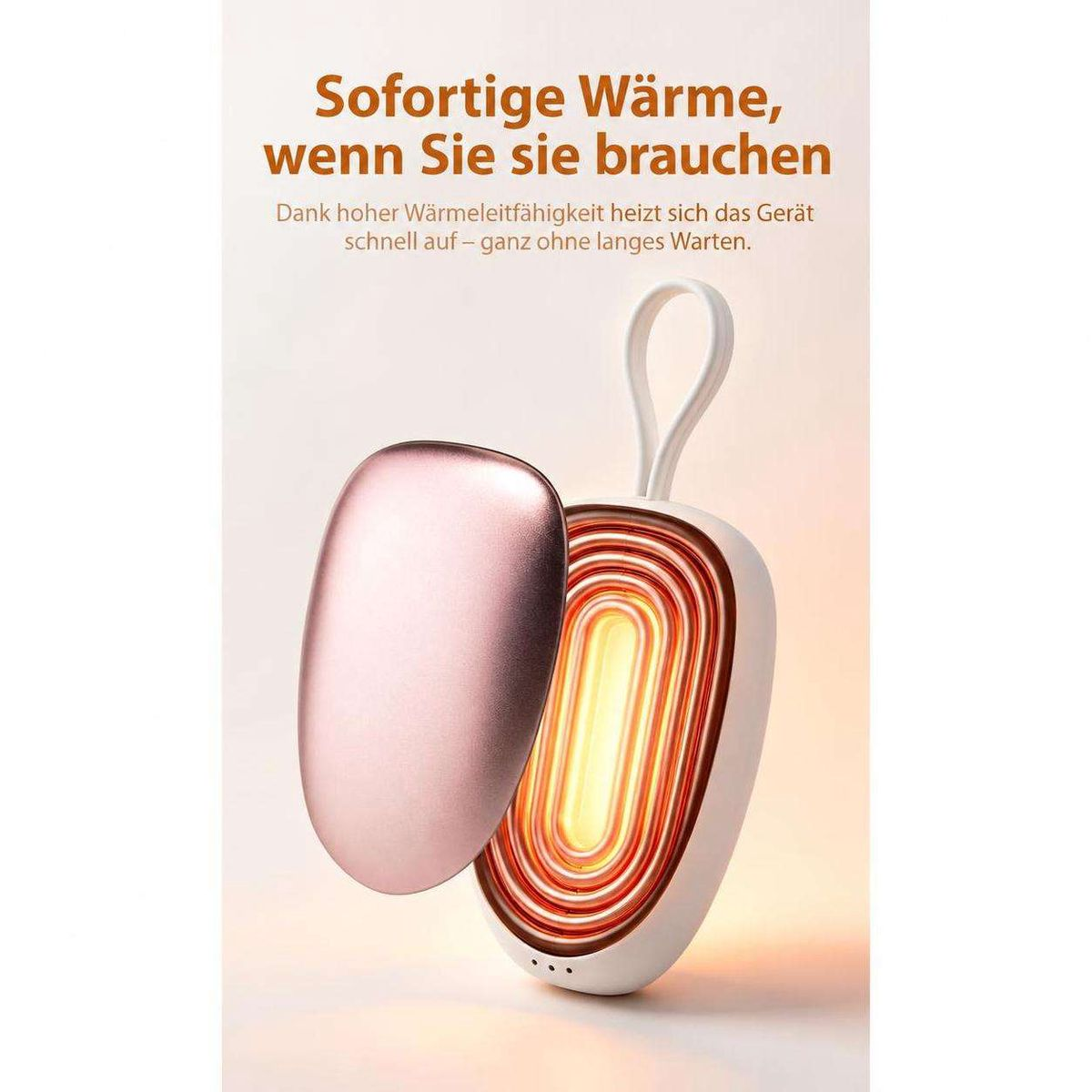 Ein rosafarbener Handwärmer mit glühend orangefarbenem Heizelement und weißem Band vor Farbverlauf und deutschem Text.