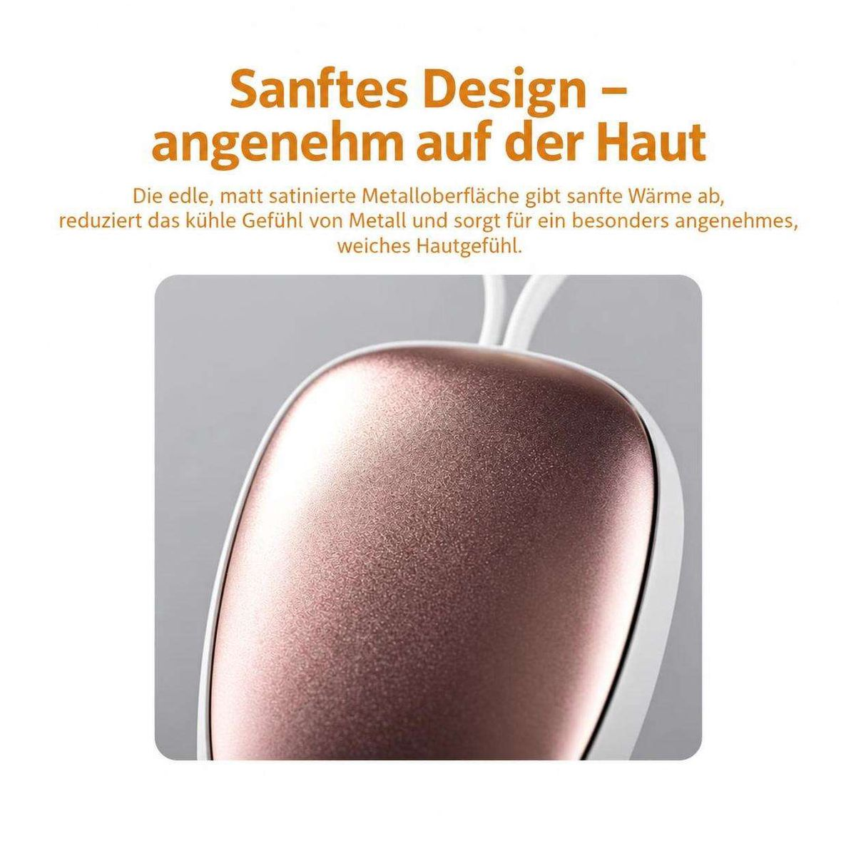 Ein mattes, bronzefarbenes Metallgerät mit weißem Rand und Text darüber.