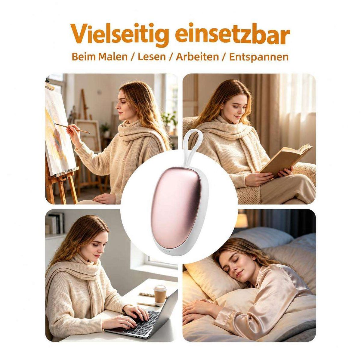 Handwärmer in Verwendung beim Malen, Lesen, Arbeiten und Schlafen mit Text oben.