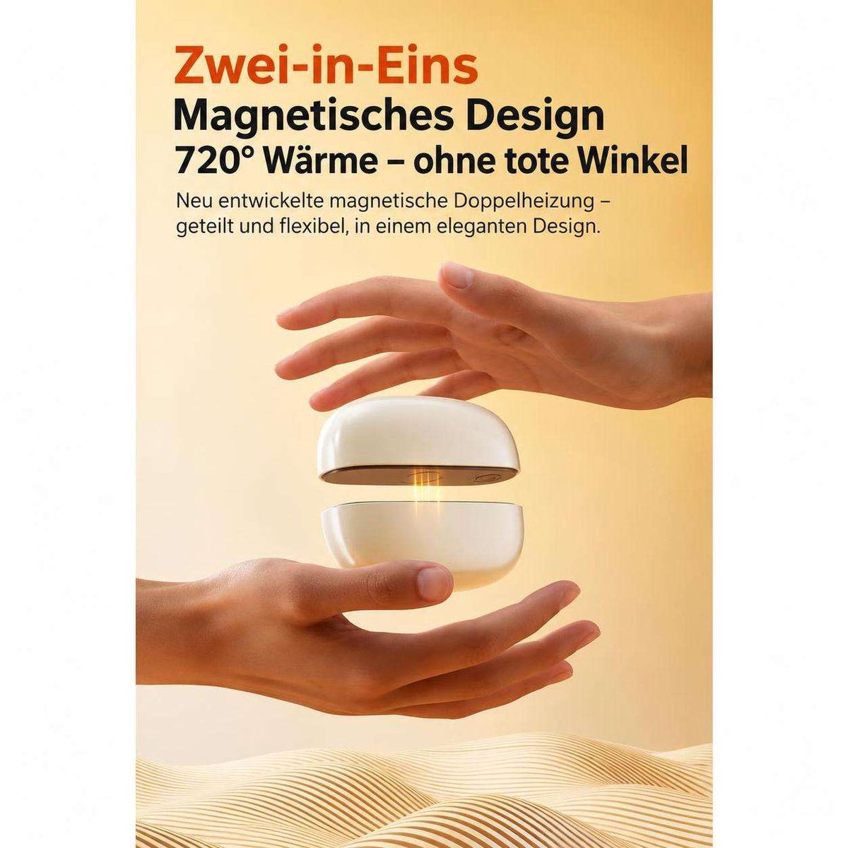 Zwei Hände halten eine geteilte, magnetische, weiße Handwärmer-Kugel.