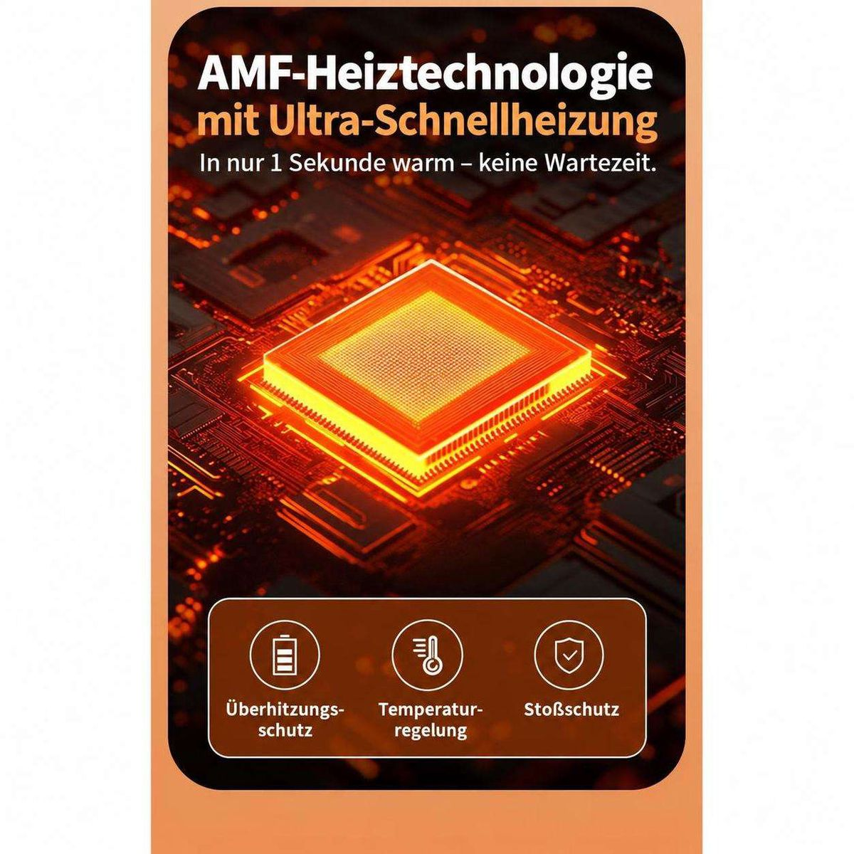 AMF-Heiztechnologie mit Prozessor auf Leiterplatte und Symbolen für Schutzfunktionen.