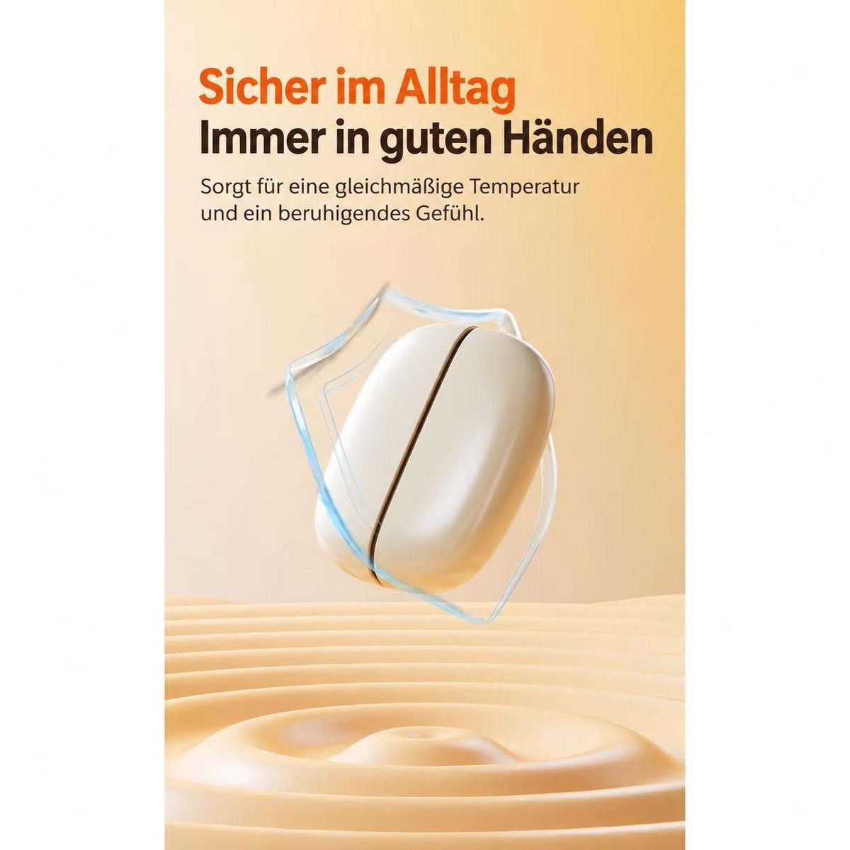 Ein weißes, eiförmiges Gerät mit einer blauen Kontur vor einem beigen Hintergrund mit Text.
