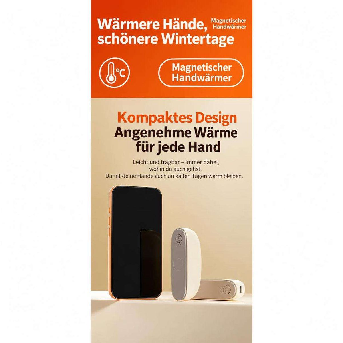 Produktwerbung für magnetische Handwärmer in Orange und Weiß mit deutschem Text und kompaktem Design.