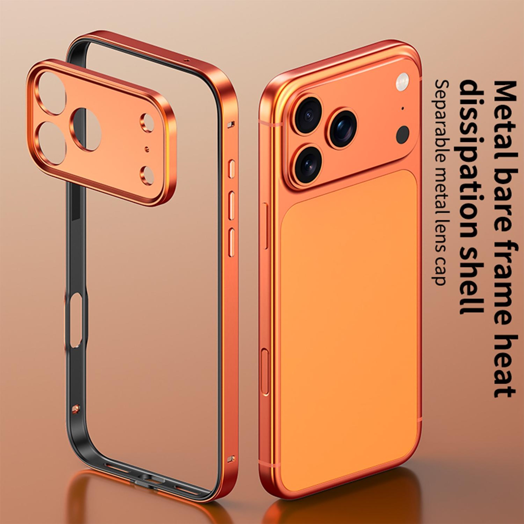Eine orangefarbene Metall-Smartphone-Hülle mit abnehmbarer Linsenkappe und Wärmeableitungsrahmen vor braunem Hintergrund.