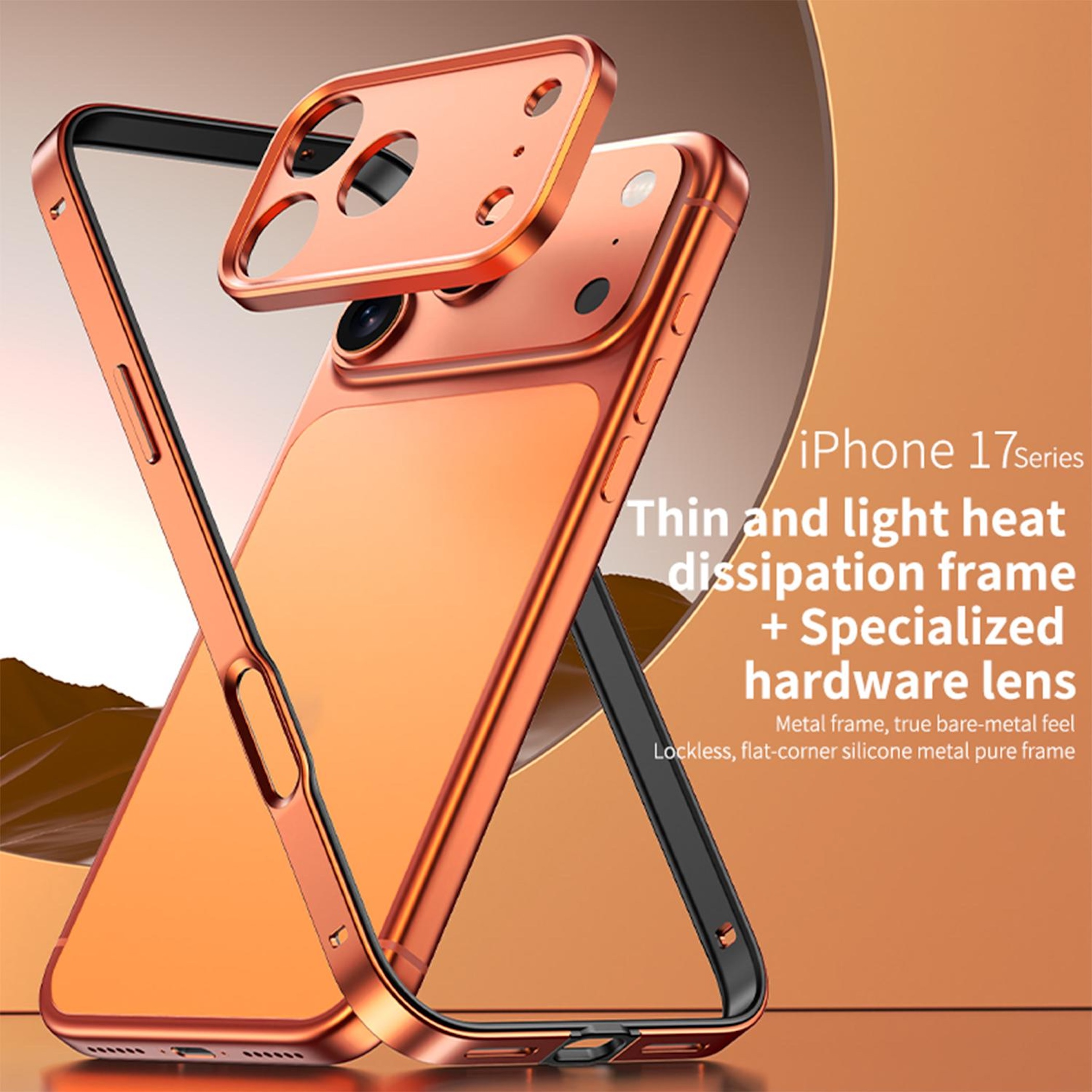 Kupferfarbene iPhone 17 Hülle mit Metallrahmen und integriertem Linsenschutz auf einem braunen Werbebanner.