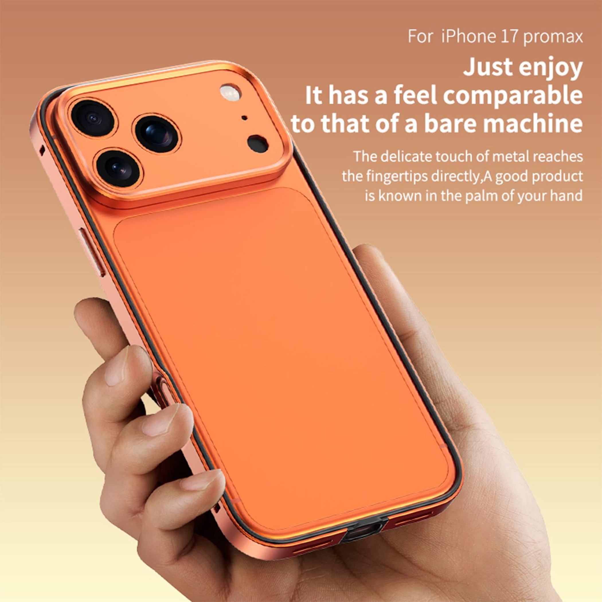 Eine Hand hält eine leuchtend orangefarbene Smartphone-Hülle auf einem beigen Hintergrund.