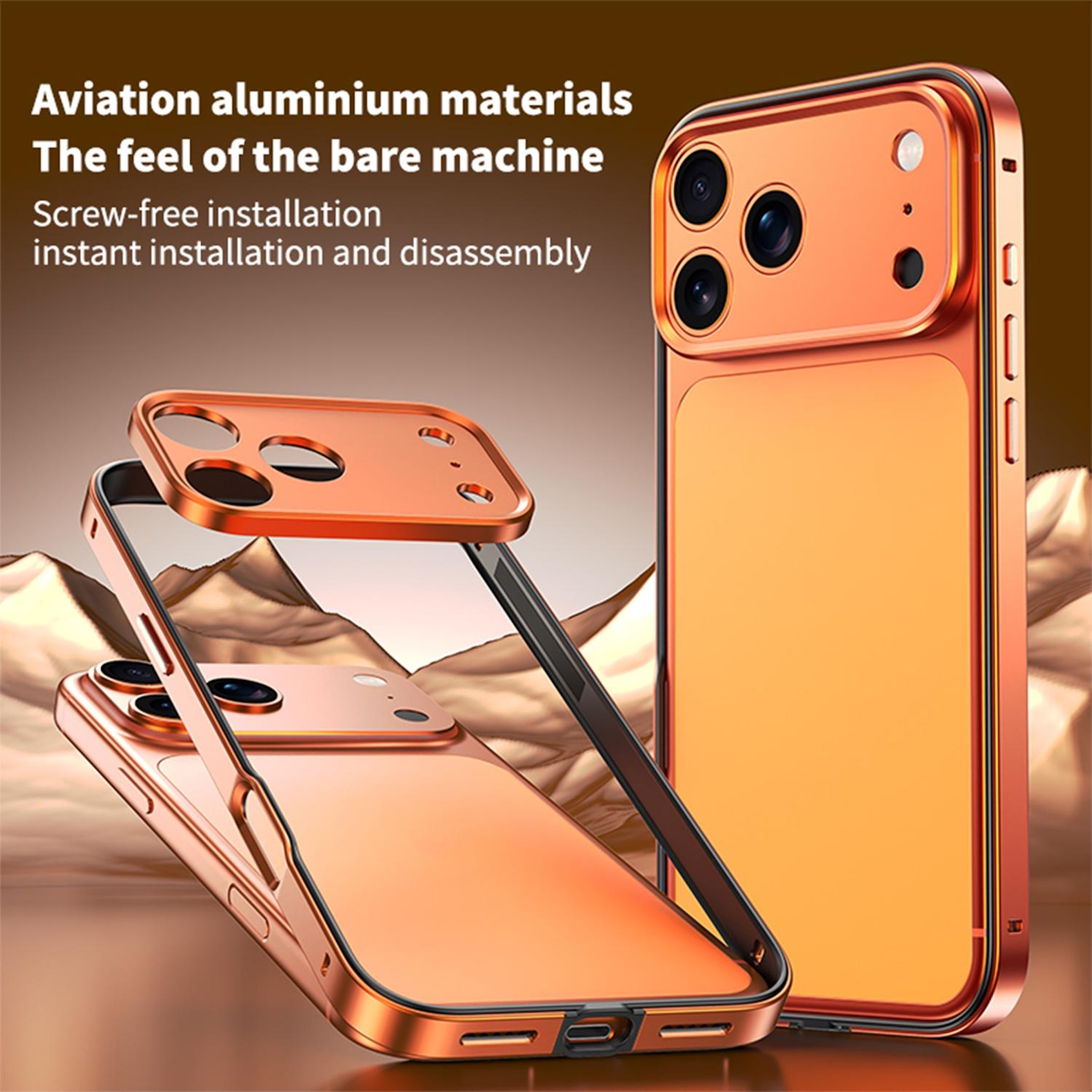 Ein orangefarbenes Smartphone mit abnehmbarem Metall-Bumper-Case und Text links.