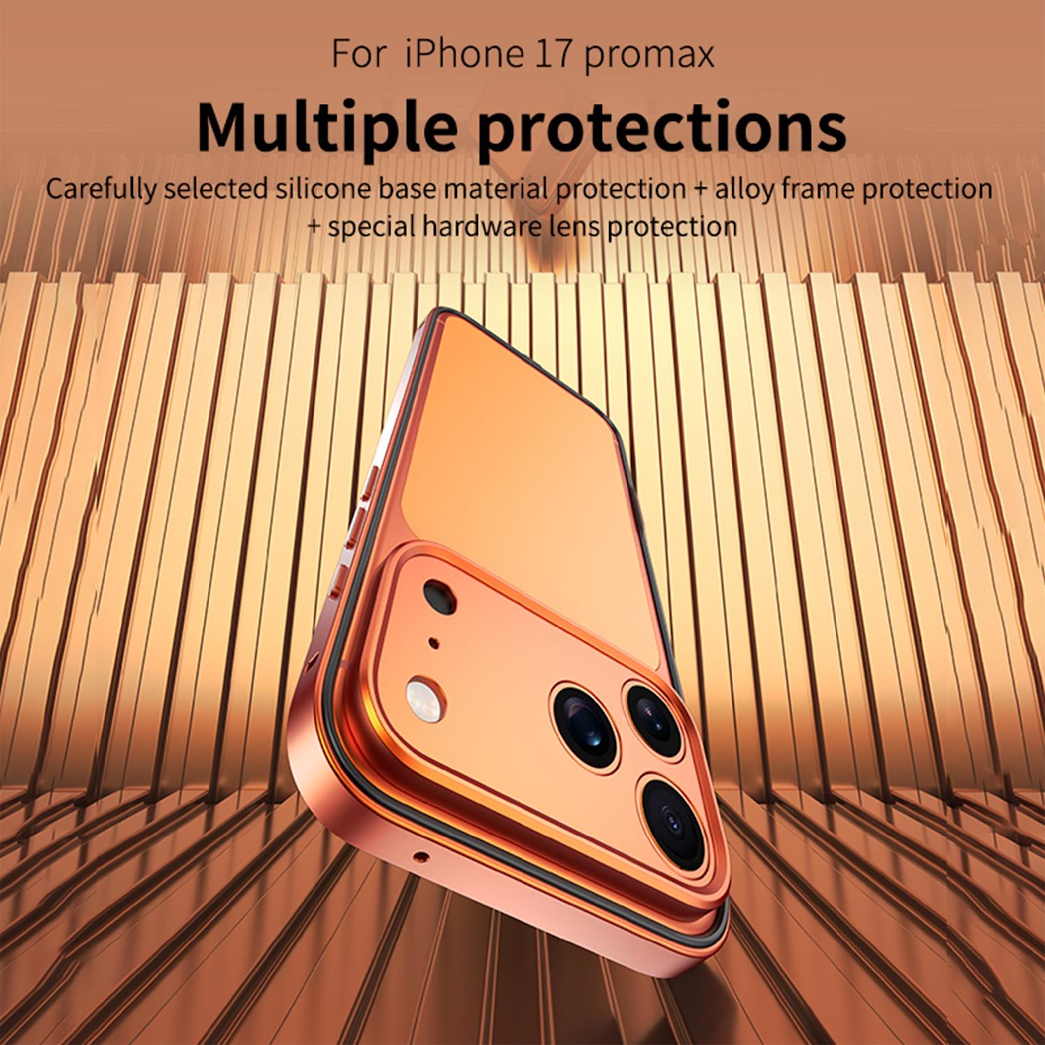 Kupferfarbene iPhone 17 Pro Max Hülle vor geriffeltem Hintergrund mit Text.