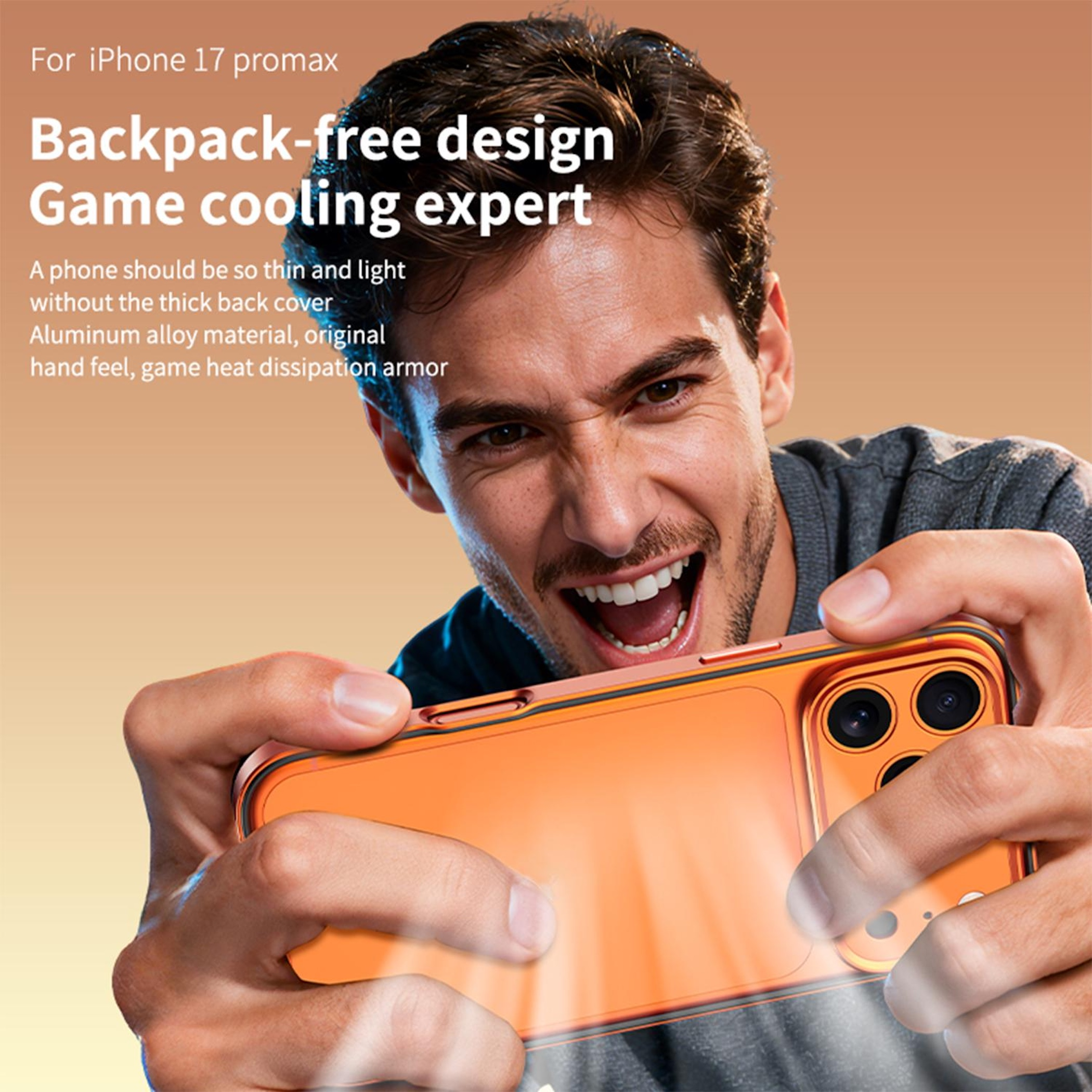 Ein Mann hält aufgeregt ein orangefarbenes Smartphone mit Schutzhülle vor einem hellen Hintergrund.
