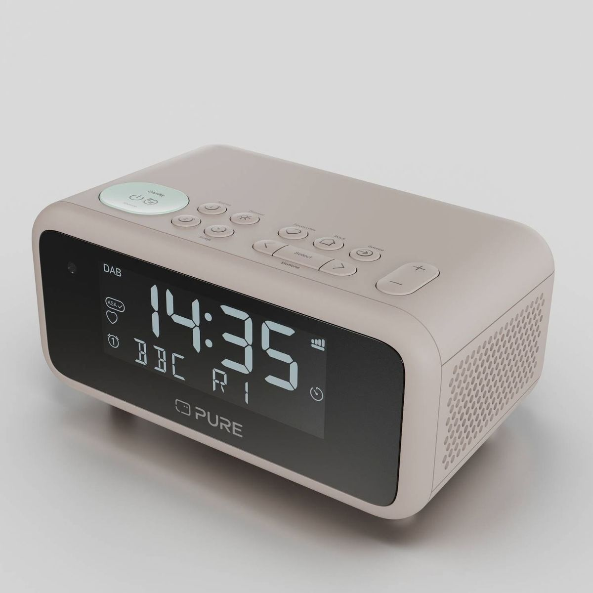 Ein beiger Pure Digitalradio-Wecker mit digitaler Anzeige und Tasten oben.