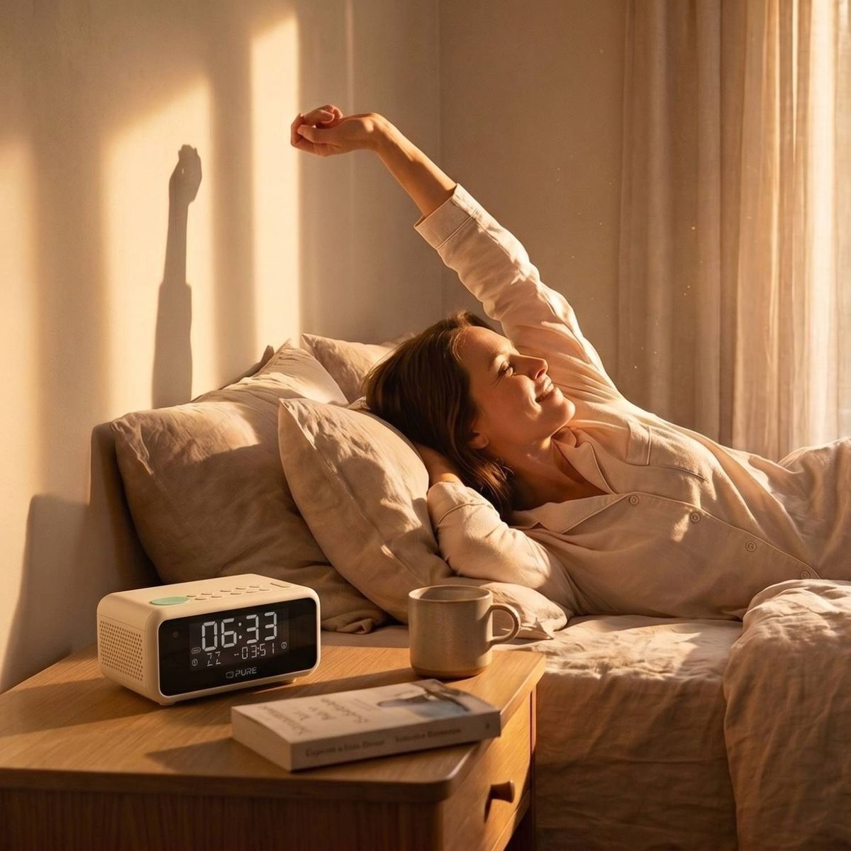 Eine Frau streckt sich morgens im Bett, während Sonnenlicht durch das Fenster fällt. Auf dem Nachttisch steht ein Wecker.