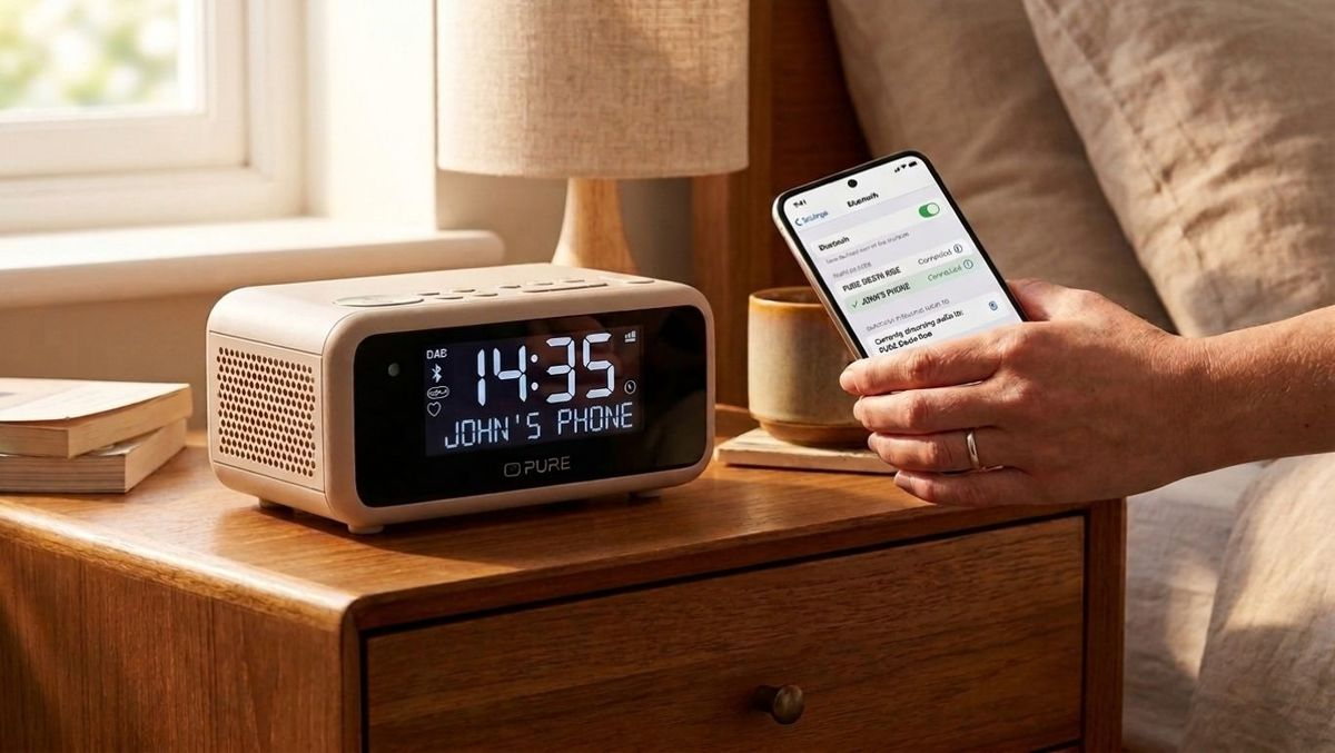 Ein weißer Pure-Radiowecker auf einem Nachttisch, während eine Person ihr Smartphone hält.