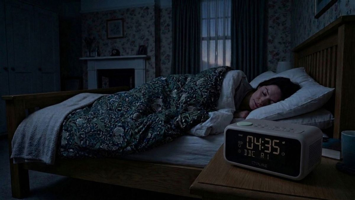 Eine Frau schläft friedlich in einem Bett, während ein digitaler Wecker auf dem Nachttisch 04:35 anzeigt.