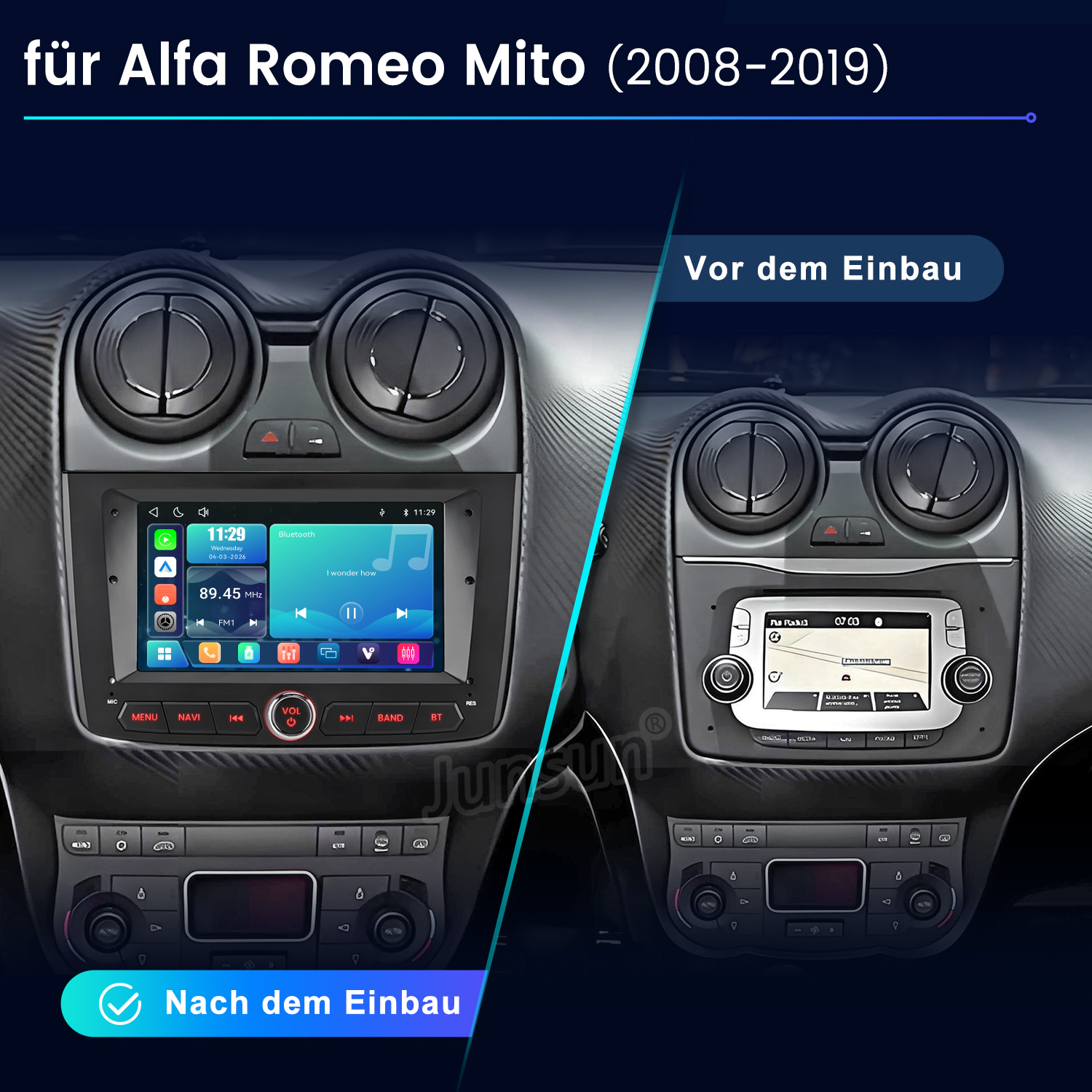 Vergleich des Alfa Romeo Mito Armaturenbretts vor und nach dem Einbau eines neuen Touchscreen-Radios.