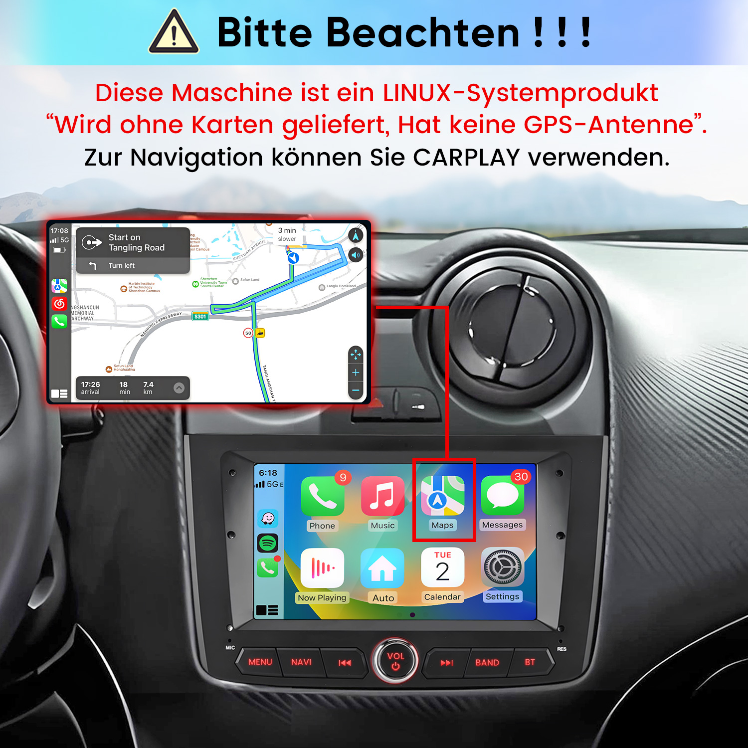 Autoradio mit CarPlay-Display und Navigation, ohne GPS-Antenne.