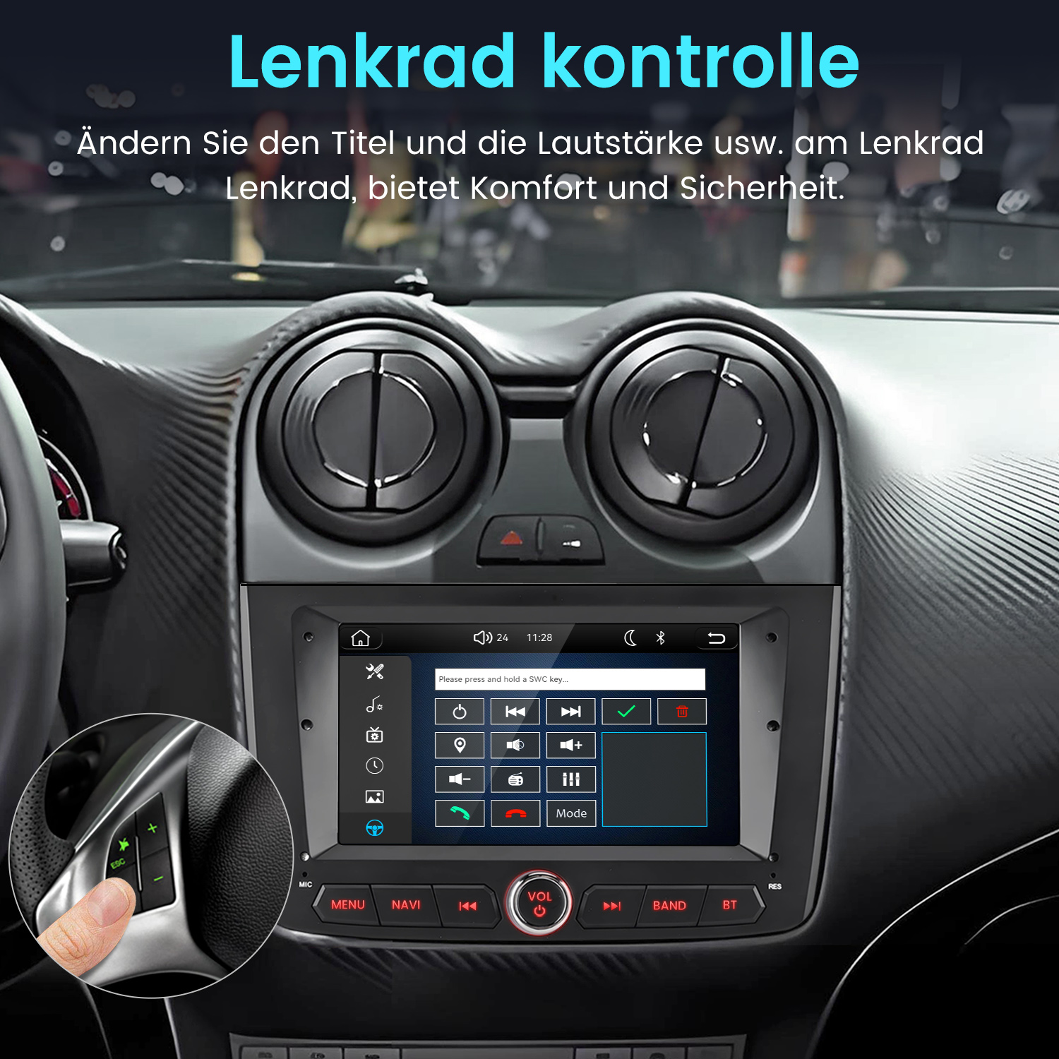 Autoinnenraum mit Touchscreen-Multimedia-Display und Lenkradtasten-Einblendung.