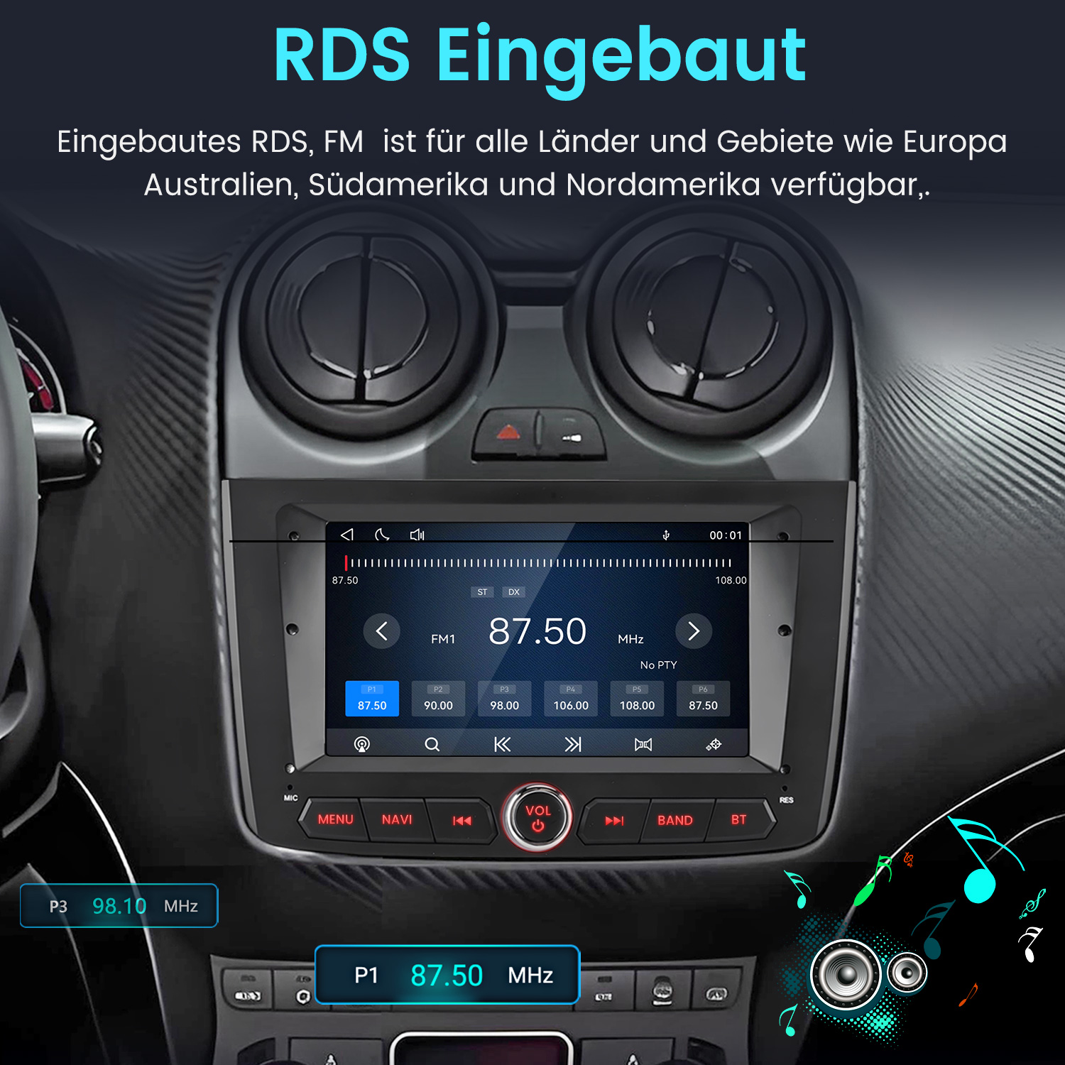 Autoradio mit Touchscreen und FM-Tuner in einem Autocockpit.