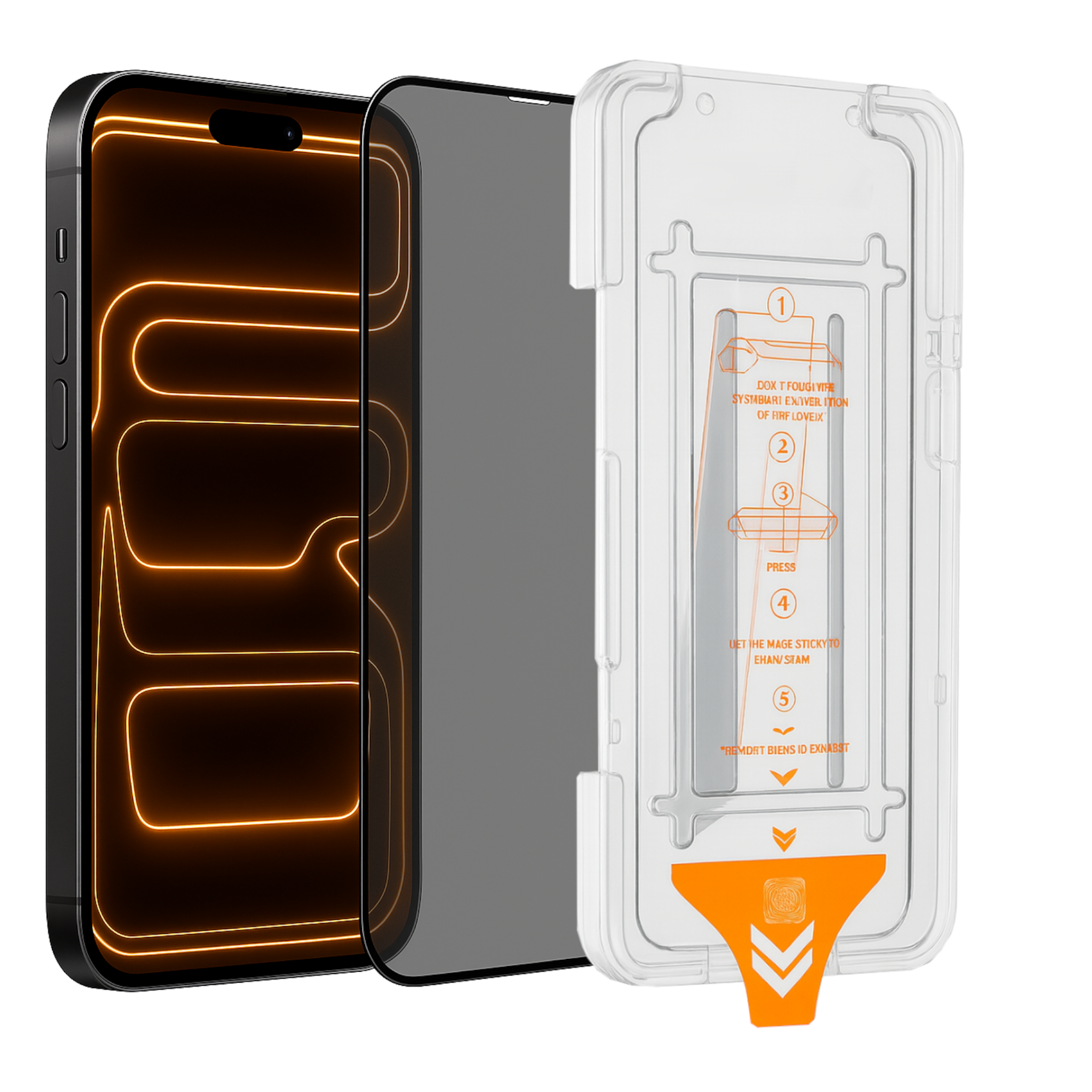 Smartphone, dunkler Displayschutz und eine Installationsschale mit orangen Anweisungen.