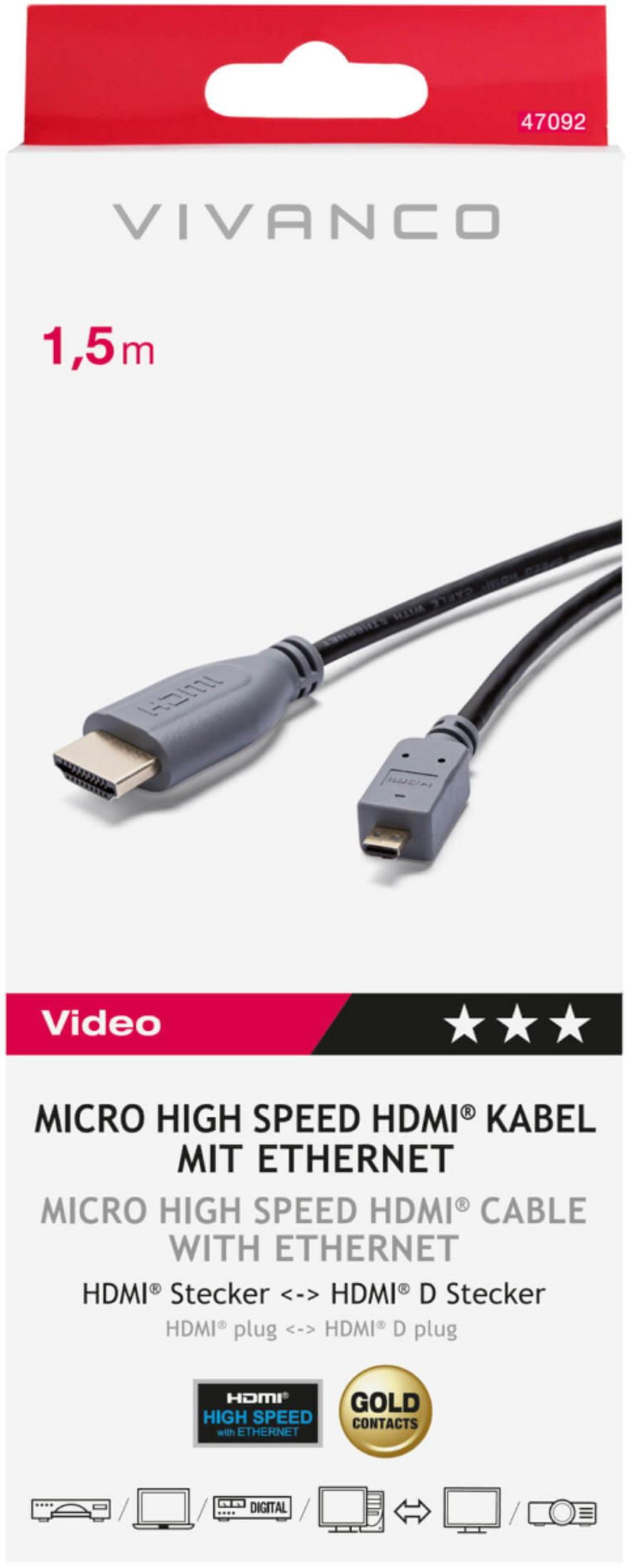 Cable Micro High Speed HDMI con Ethernet de Vivanco en embalaje rojo y blanco.