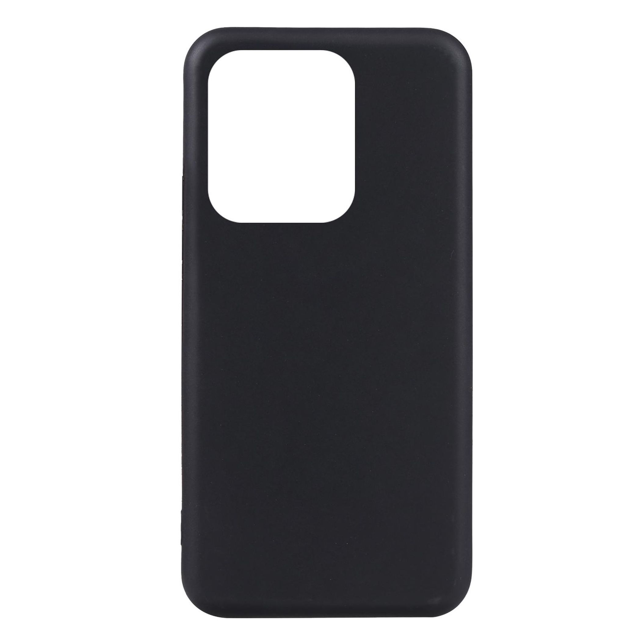 Eine schlichte schwarze Smartphone-Hülle mit quadratischem Kameraausschnitt auf weißem Hintergrund.