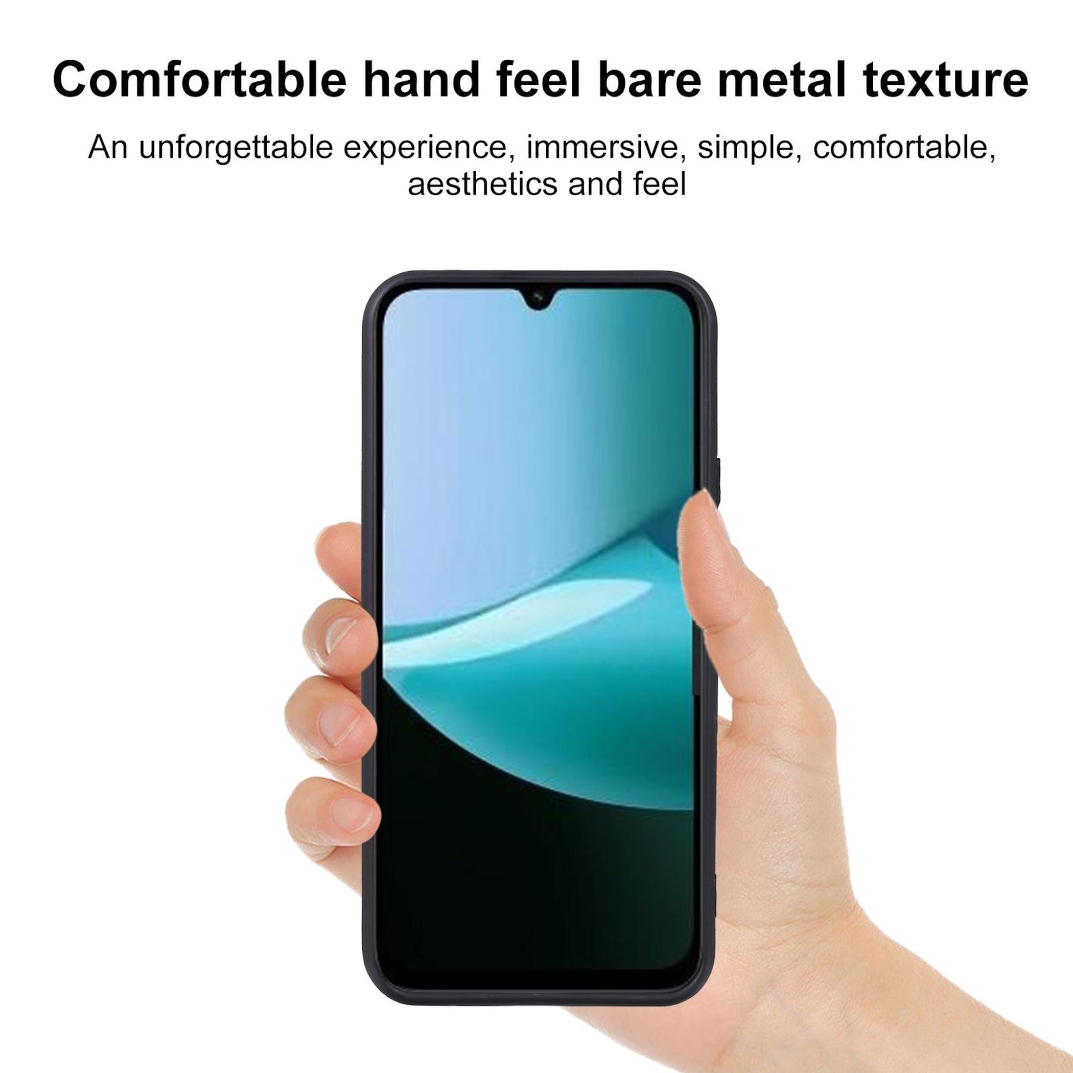 Eine Hand hält ein schwarzes Smartphone mit blauer Displaygrafik vor weißem Hintergrund mit Text.
