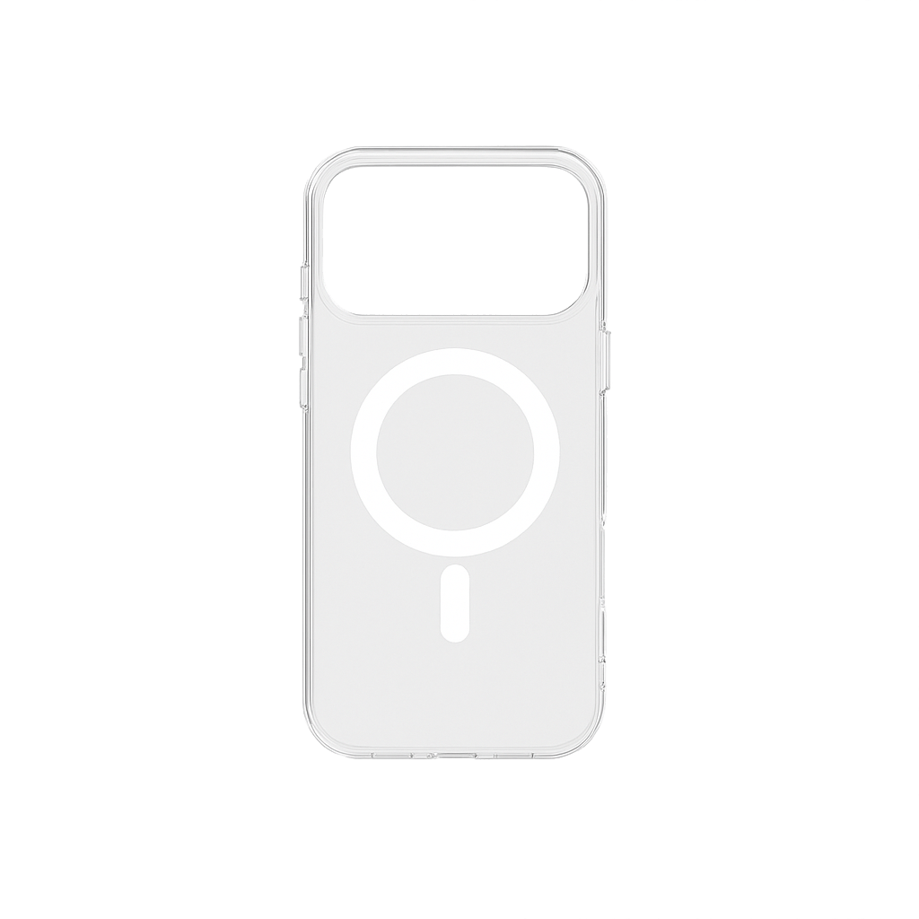 Transparente Handyhülle mit integriertem MagSafe-Ring und Ausschnitt.