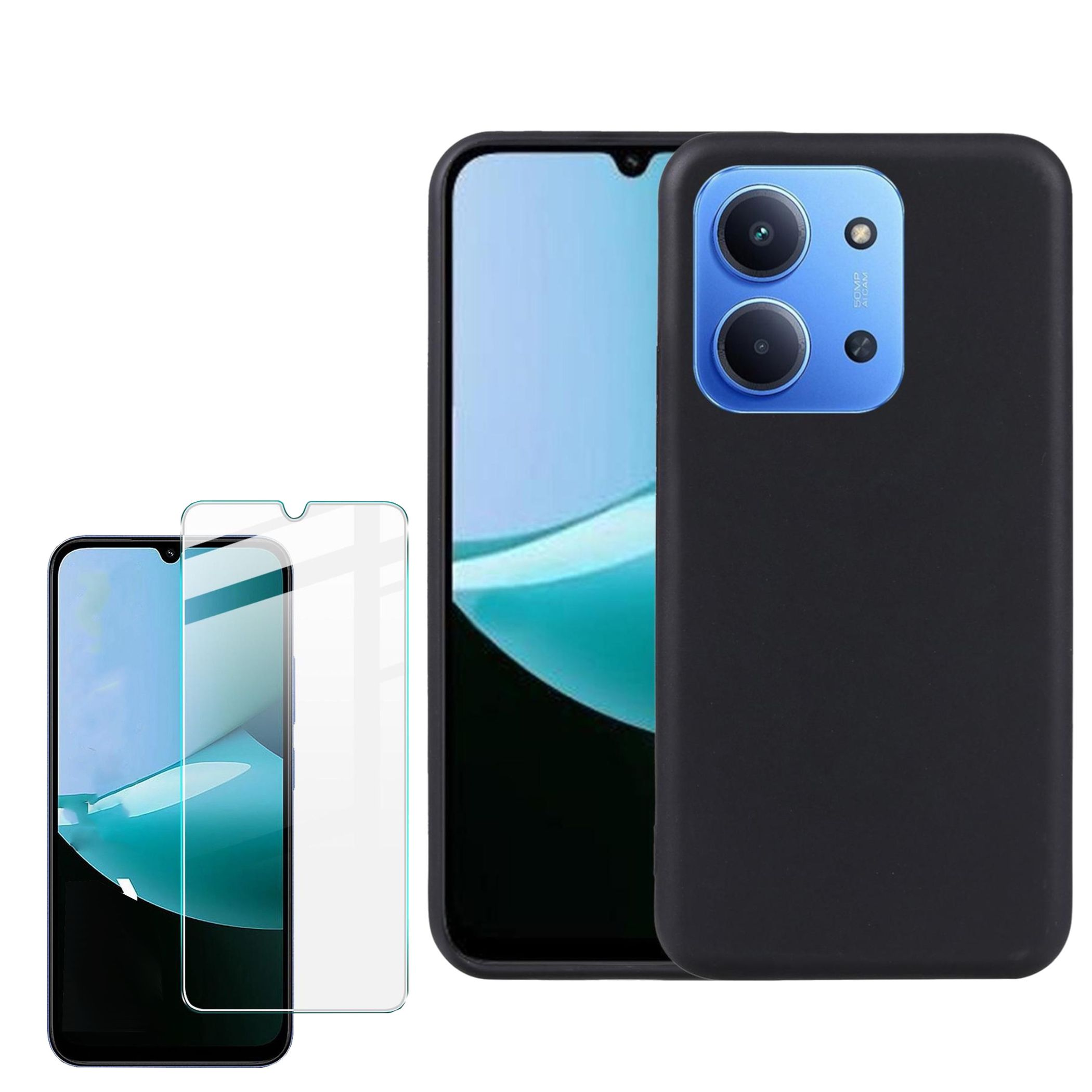 Ein schwarzes Smartphone mit blauer Kameraeinheit und separater Schutzfolie.