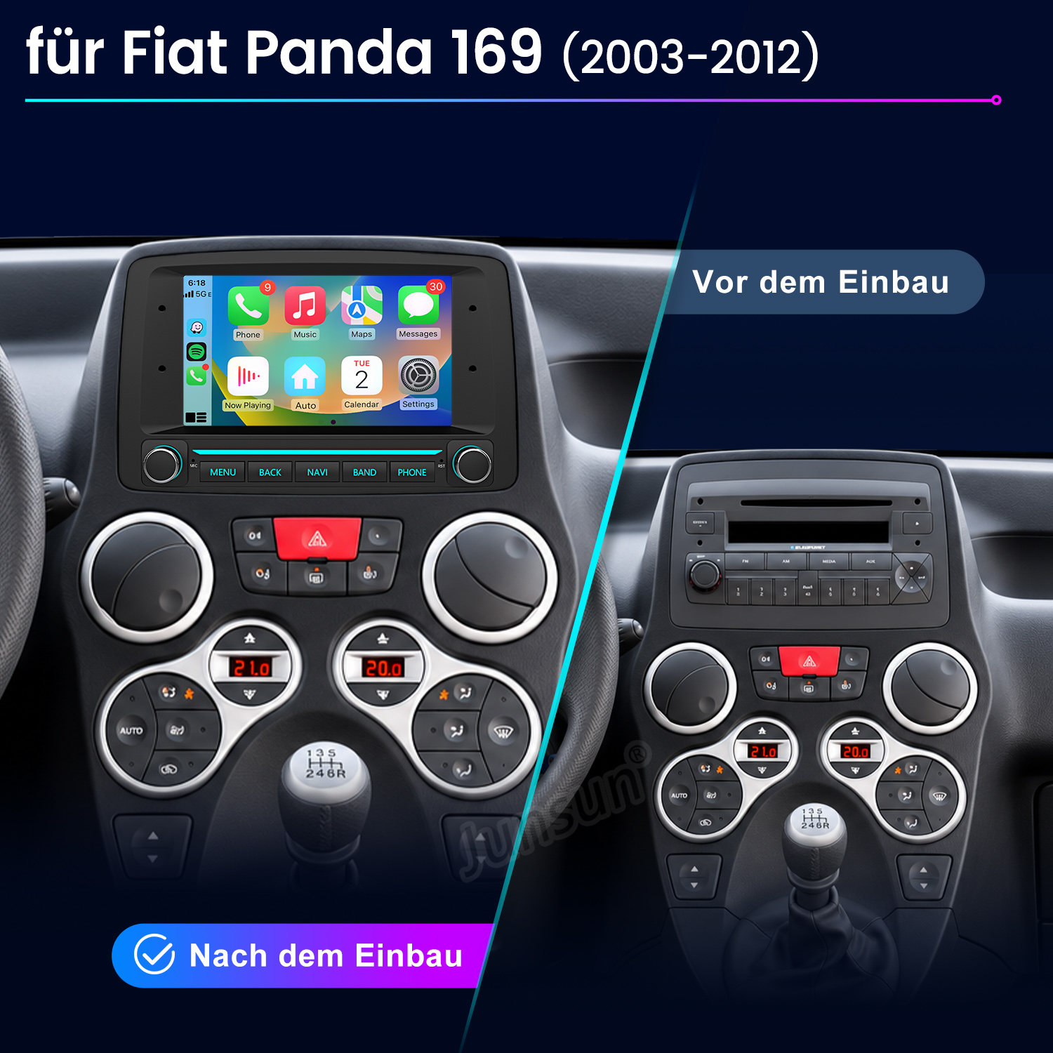 Vergleich der Fiat Panda 169 Mittelkonsole vor und nach dem Einbau eines neuen Infotainmentsystems.