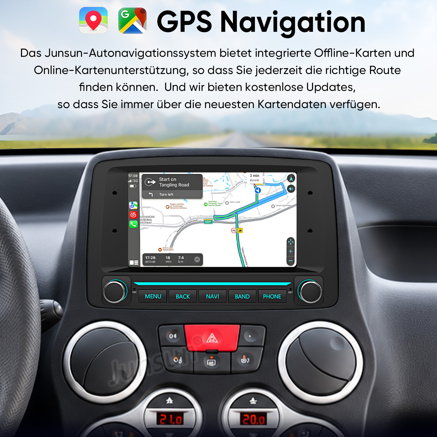 Ein Auto-Armaturenbrett mit einem GPS-Navigationssystem, das eine Routenkarte zeigt, mit Tasten und Lüftungsschlitzen.