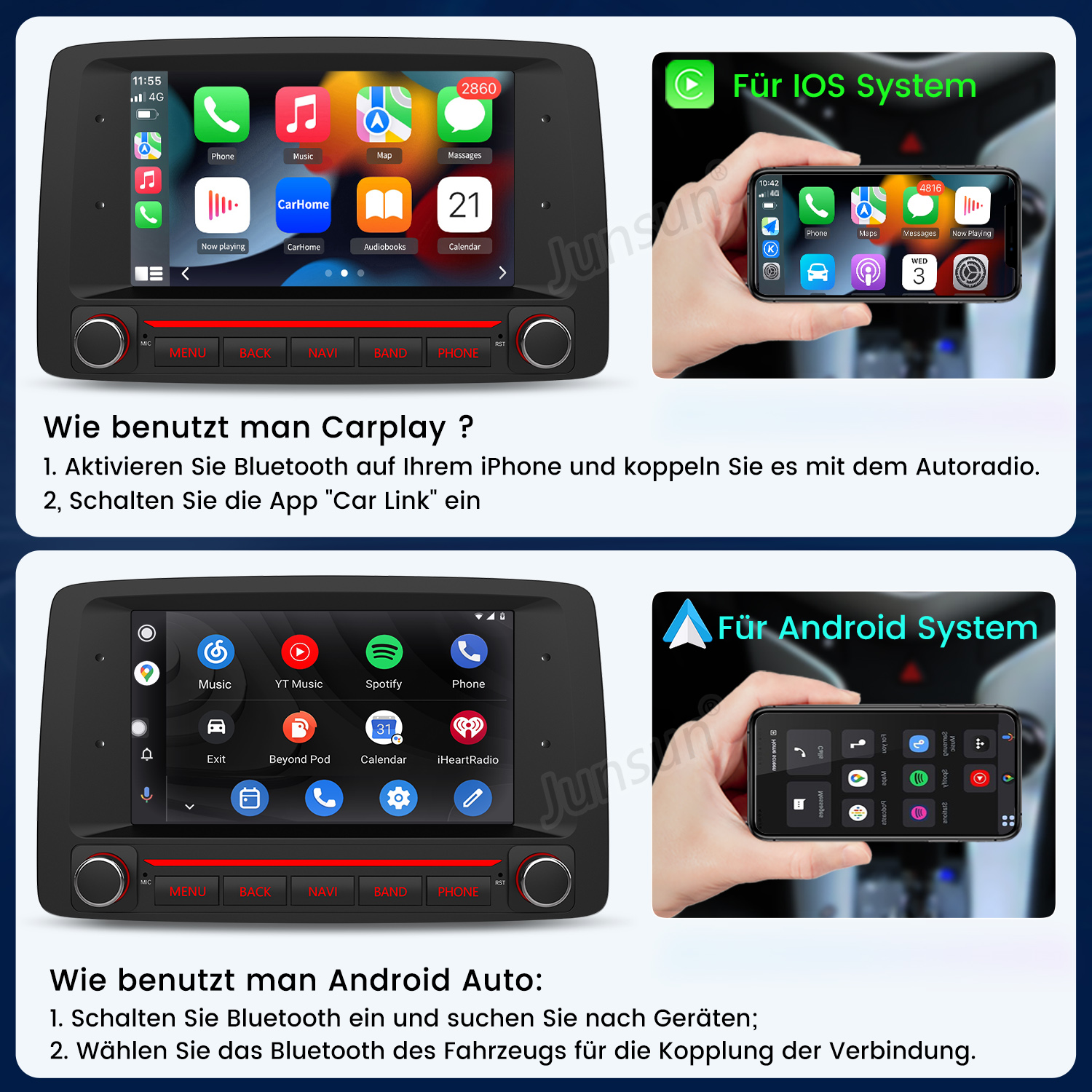 Anleitung zur Einrichtung von Carplay und Android Auto mit Autoradio.