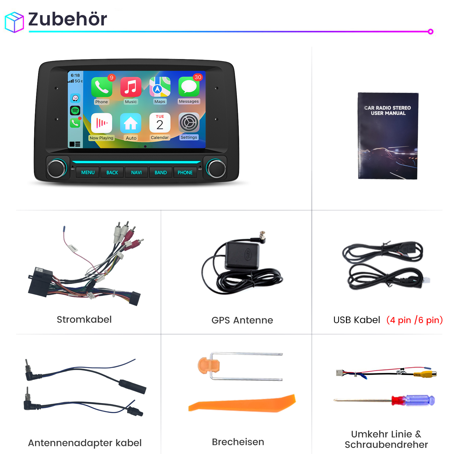 Übersicht von Autozubehörteilen wie Radio, Kabel, GPS-Antenne und Werkzeug auf weißem Hintergrund.