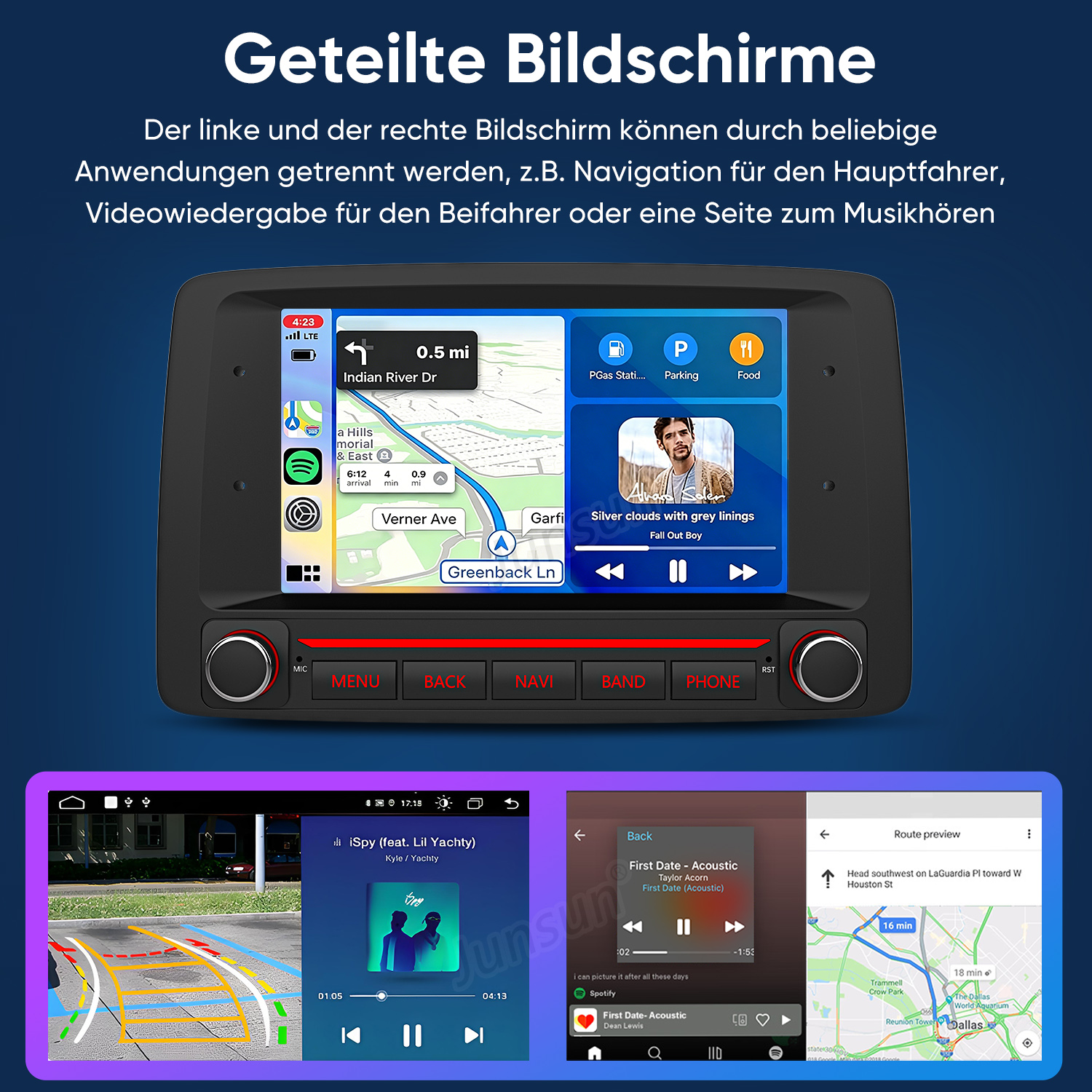 Geteilter Bildschirm im Auto zeigt Navigation, Musik und Medienwiedergabe.