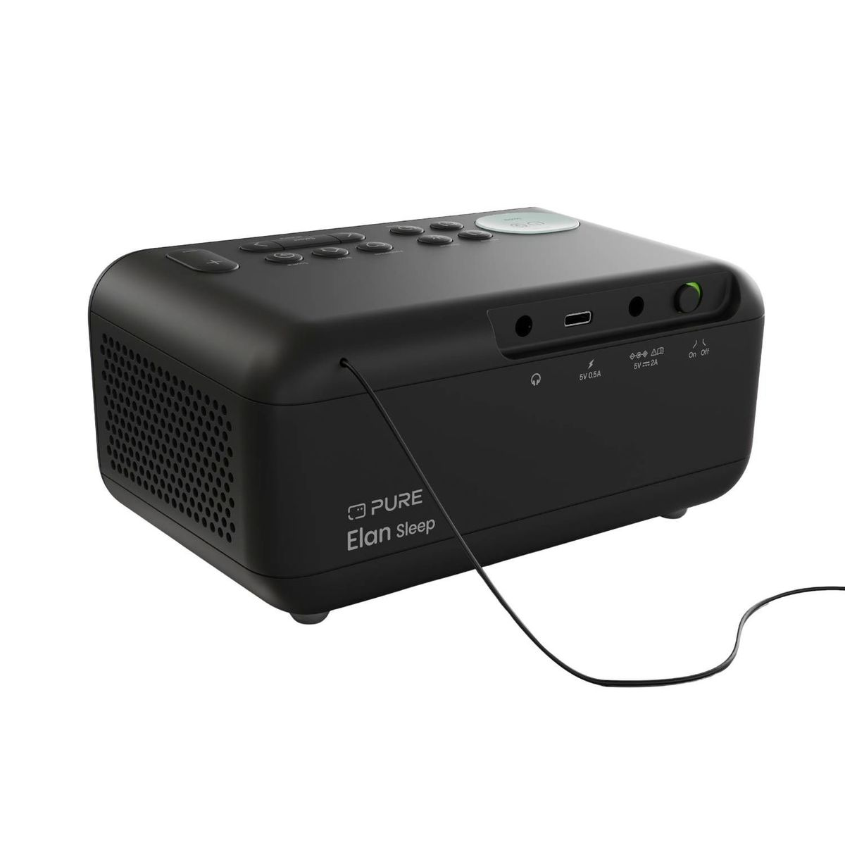 Ein schwarzes Pure Elan Sleep Radio mit Tasten oben, Anschlüssen hinten und einem anliegenden Kabel.