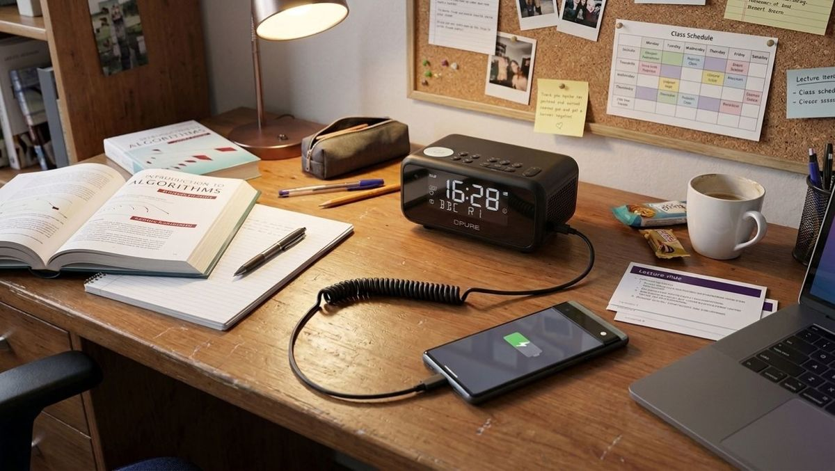 Ein ordentlicher Schreibtisch mit Büchern, einem Wecker, einem angeschlossenen Smartphone und einem Laptop.