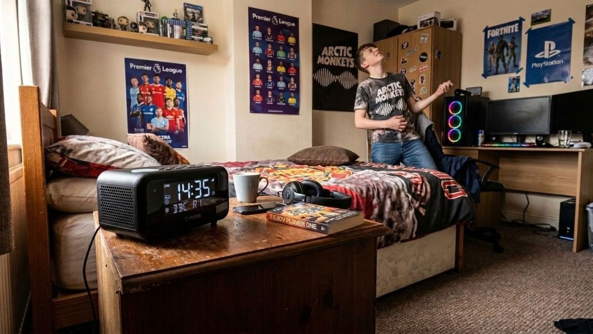 Ein Junge in einem Schlafzimmer, das mit Postern und einer Konsole geschmückt ist, spielt Luftgitarre auf dem Bett.