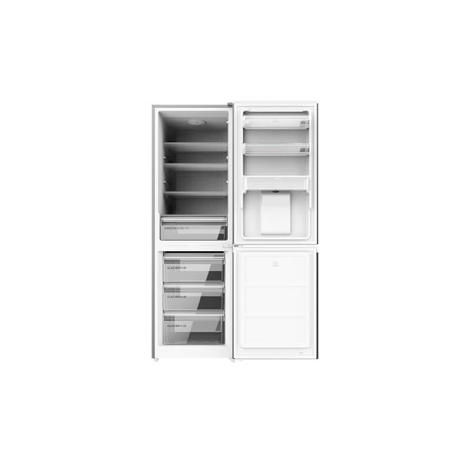 Un refrigerador blanco abierto con estantes y cajones vacíos sobre un fondo blanco.