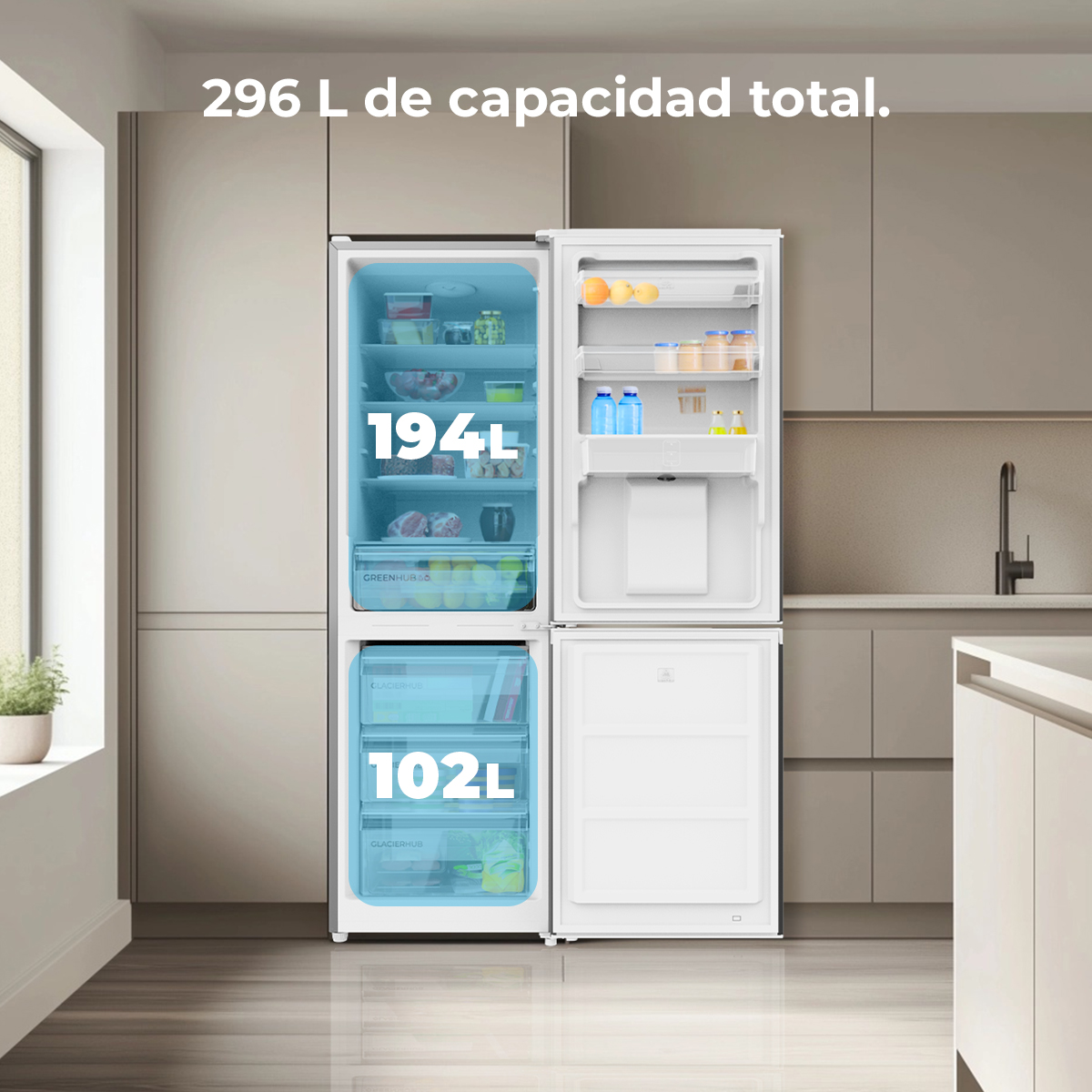 Frigorífico moderno en cocina, 296L de capacidad total, 194L refrigerador y 102L congelador.