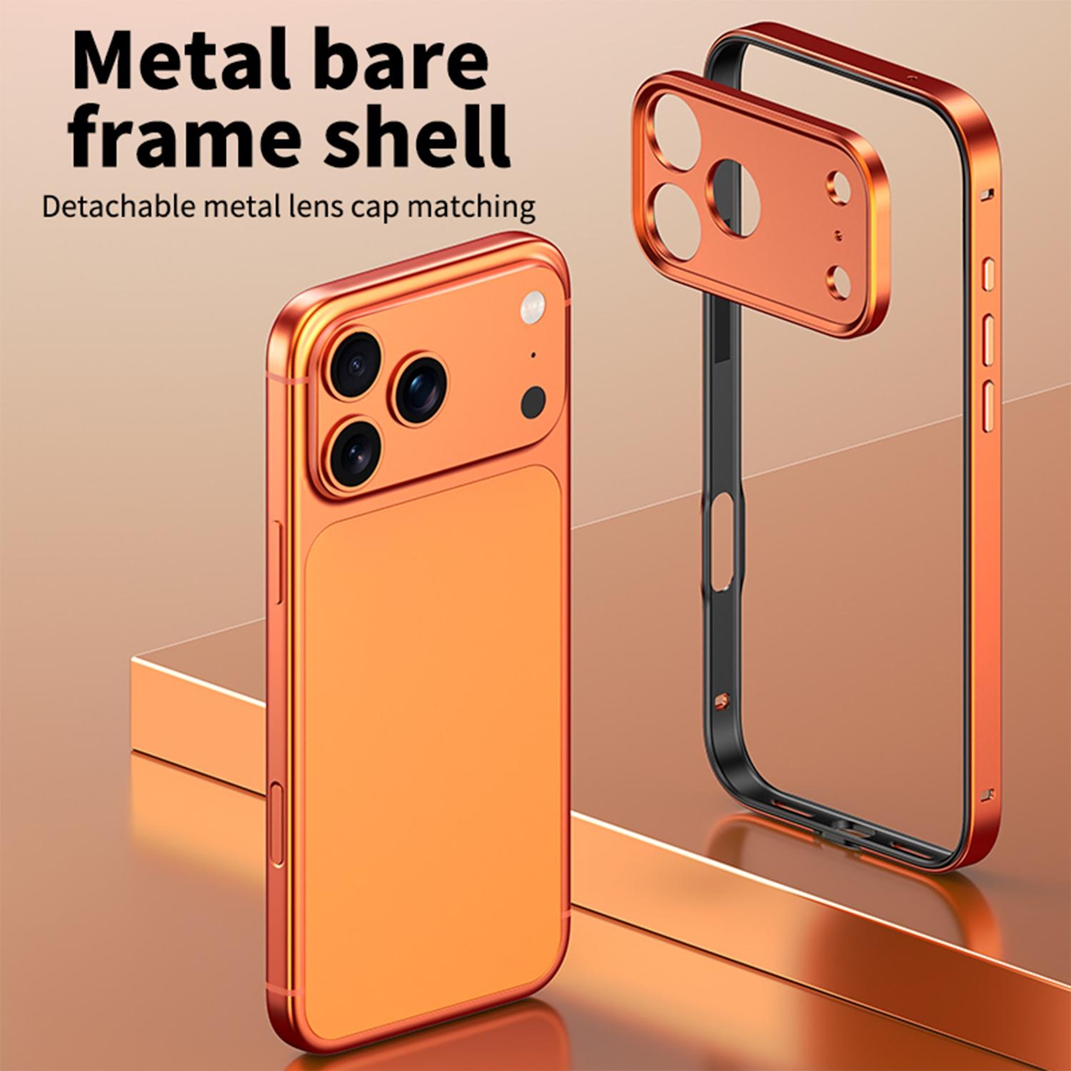 Glänzendes oranges Smartphone mit Metallrahmen und abnehmbarer Linsenabdeckung auf spiegelnder Oberfläche.