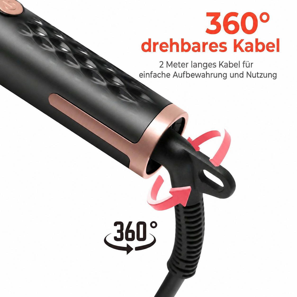 Ein schwarzer Haarstyler mit roségoldenen Akzenten und einem 360-Grad-drehbaren Kabel.