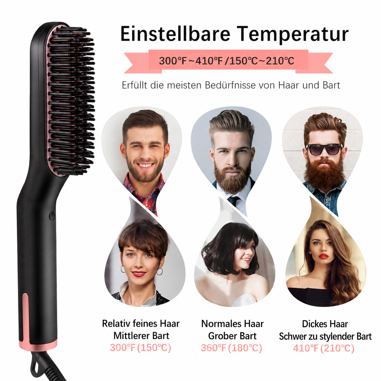 Eine schwarze Haarglättungsbürste neben sechs eingefügten Fotos verschiedener Frisuren und Barttypen.