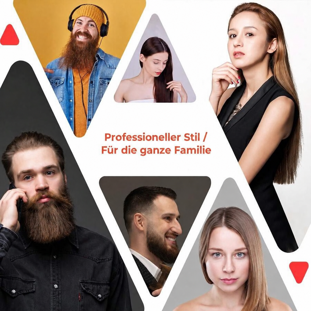 Collage verschiedener Personen mit unterschiedlichen Frisuren und Bärten, mit deutschem Text.