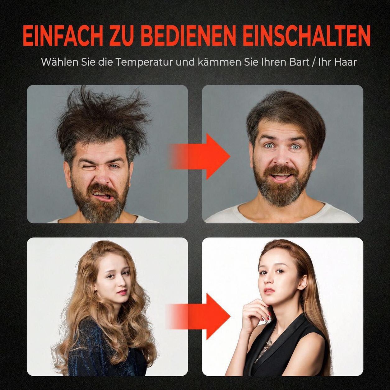 Vorher-Nachher-Vergleich zeigt Haare und Bart mit und ohne Styling.