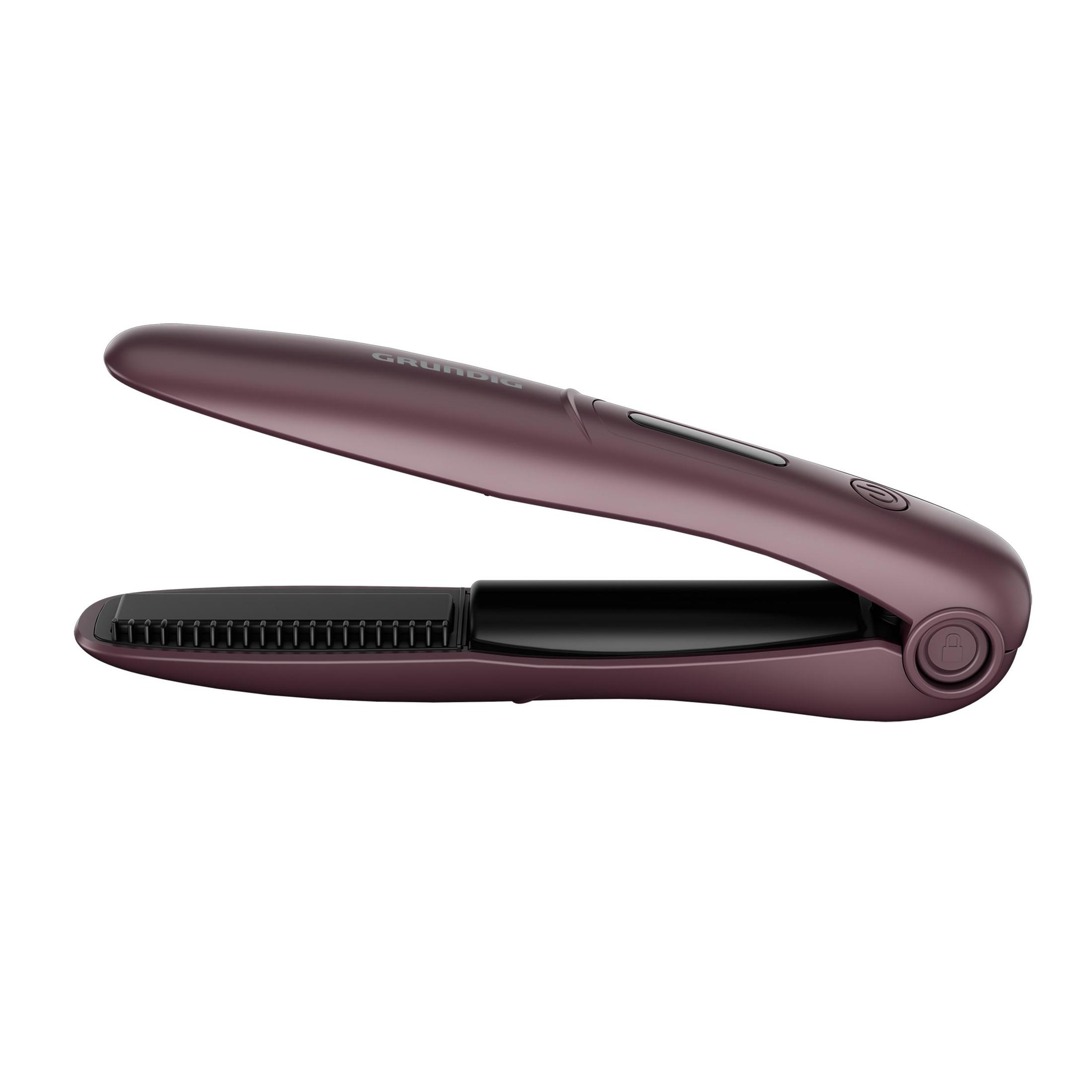 Una piastra per capelli viola con piastre nere e logo Grundig, su sfondo bianco.