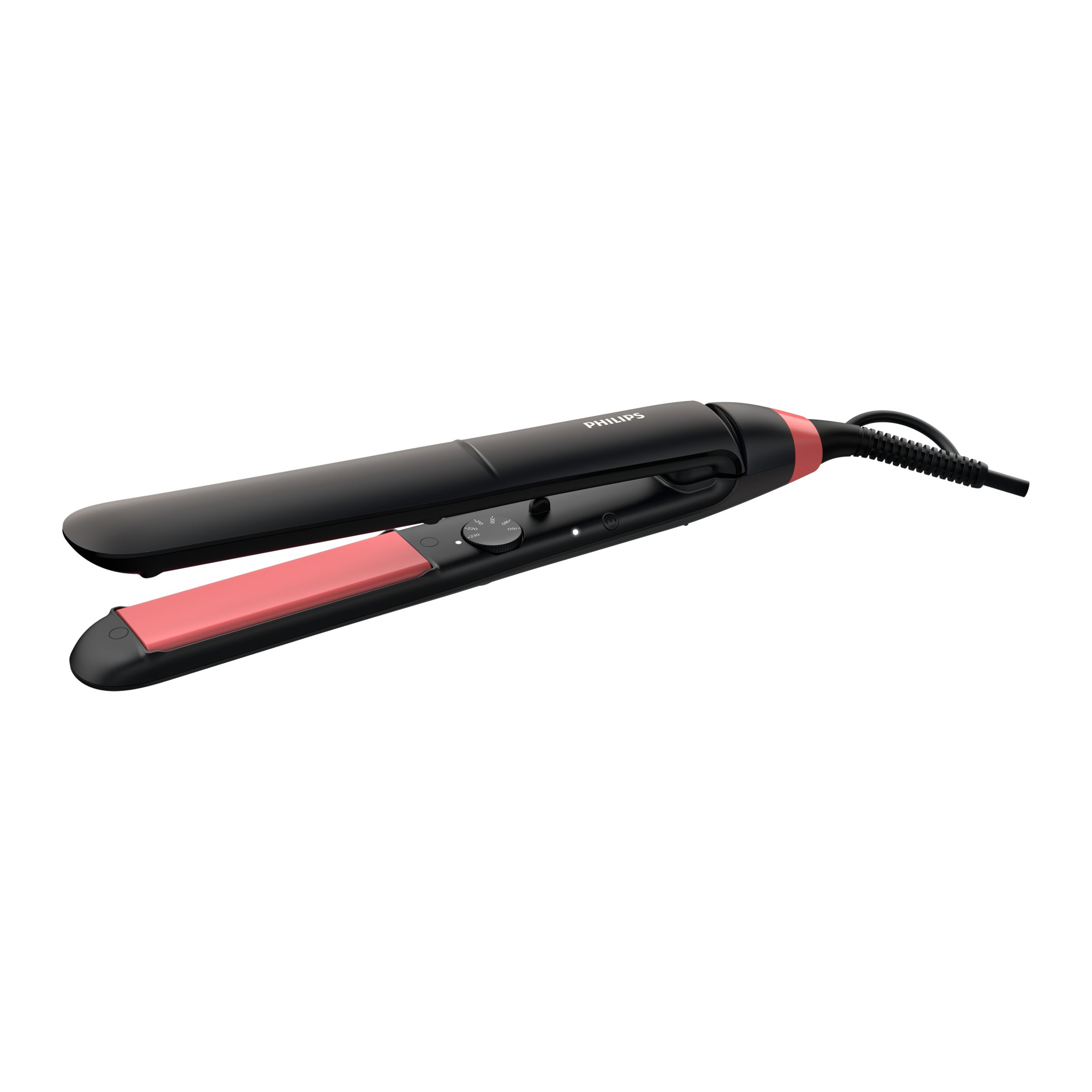 Ein schwarzer Philips Haarglätter mit rosa Platten und Kabel auf weißem Hintergrund.