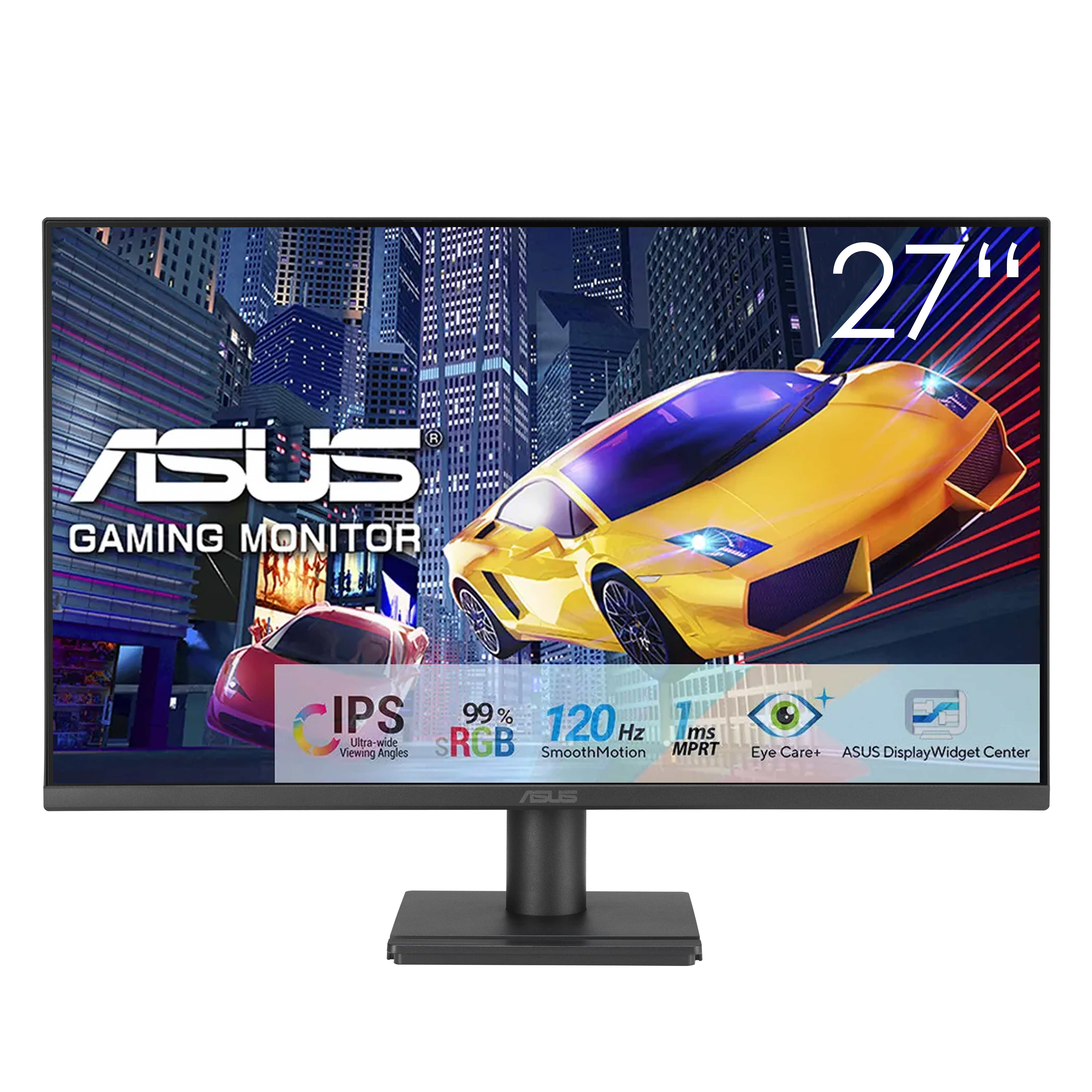 Monitor gaming ASUS da 27 pollici con auto sportiva gialla su sfondo di città notturna.