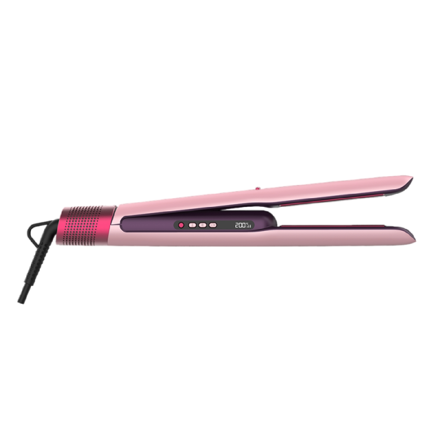 Una piastra per capelli rosa e viola con display digitale, pulsanti di controllo e cavo di alimentazione su sfondo bianco.