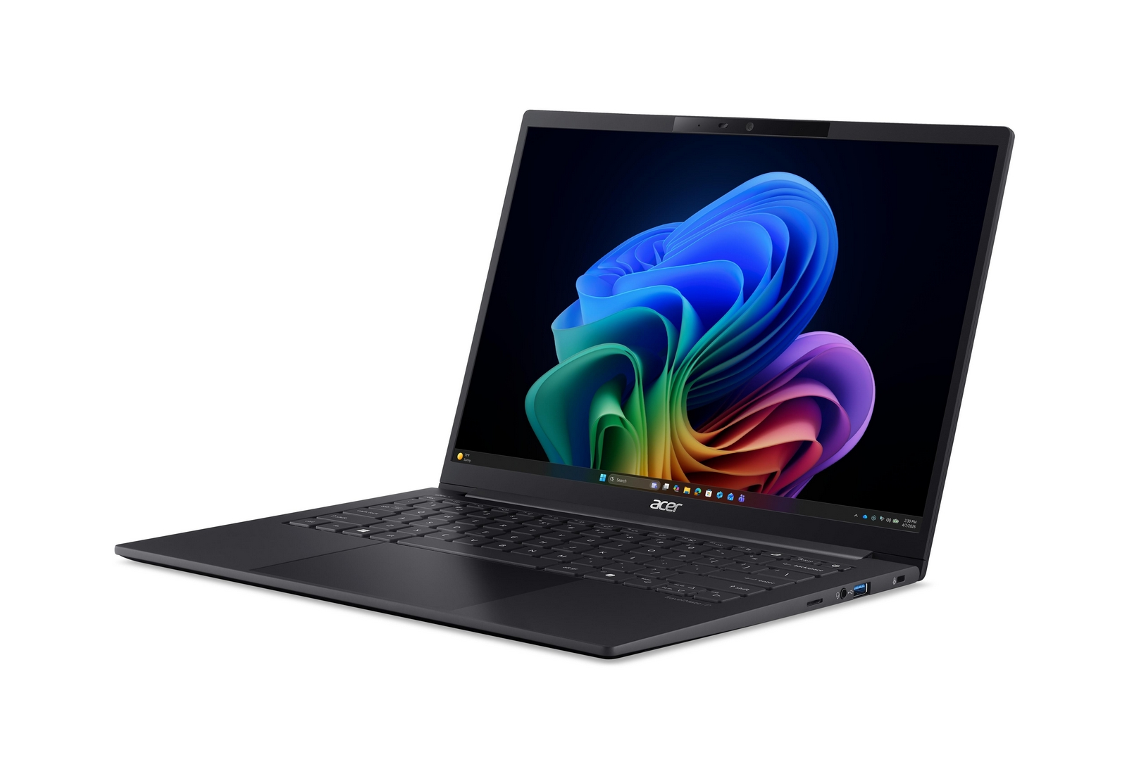 Un computer portatile Acer nero con uno sfondo astratto e colorato sullo schermo è posizionato su fondo bianco.